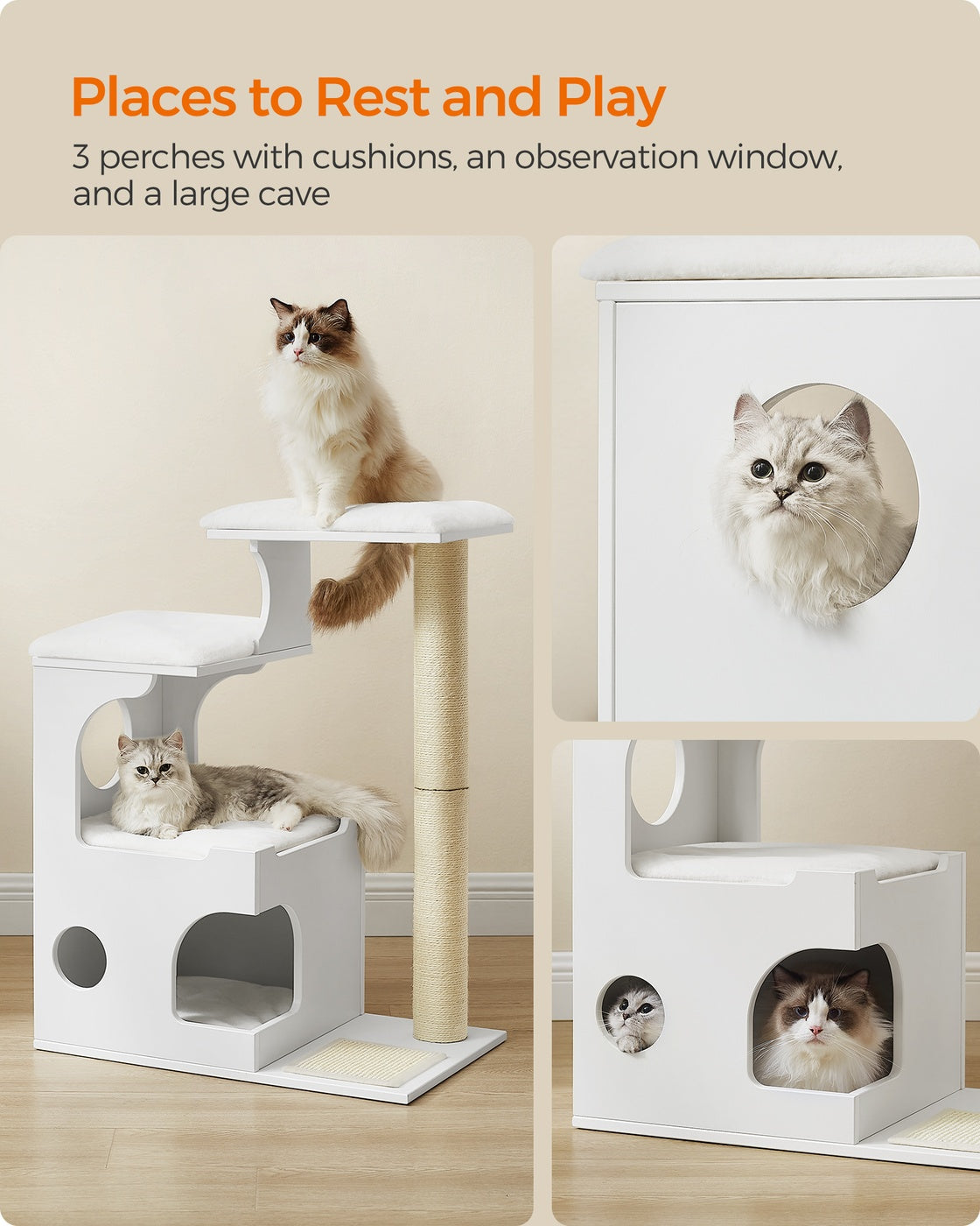 WoodyWonders Cat Tree, Cat Tower - Wood and Plush - Cloud White