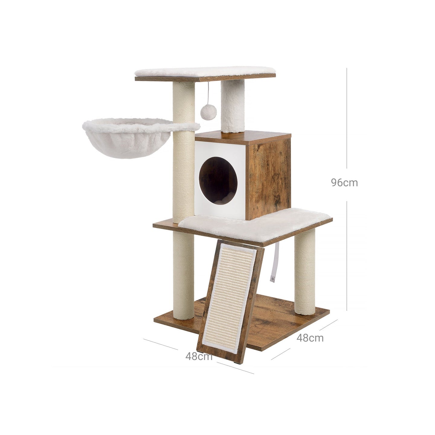 Cat Tree - 96 cm Tall - Plywood - Walnut Color - Engaging Play Areas