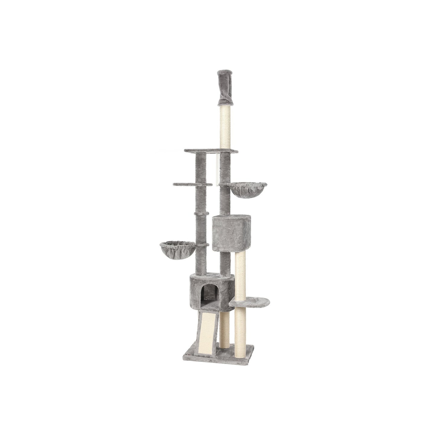 Floor-to-Ceiling Cat Tree - Plywood - Light Grey - Adjustable Height 2.4-2.6 m