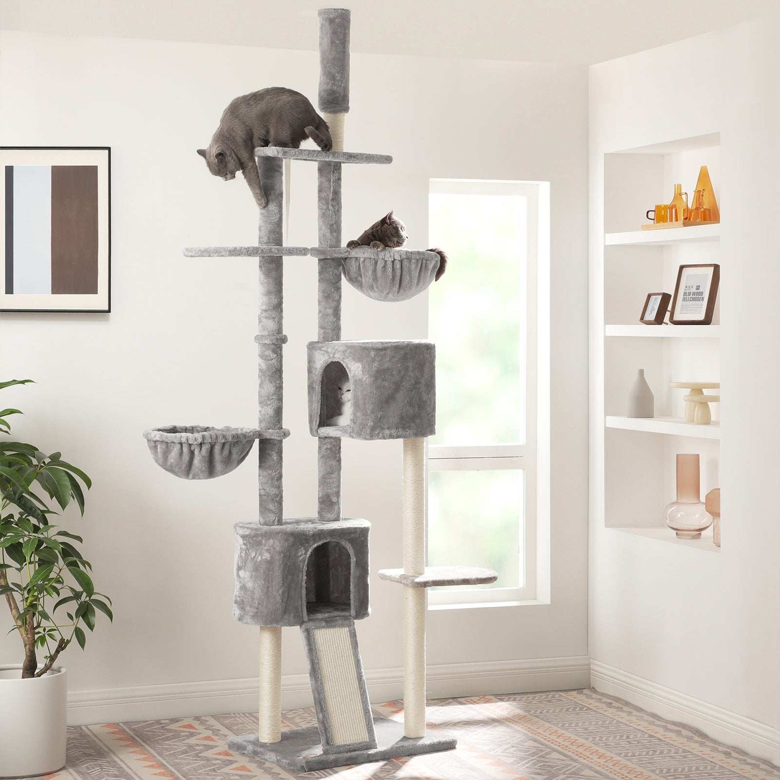 Floor-to-Ceiling Cat Tree - Plywood - Light Grey - Adjustable Height 2.4-2.6 m