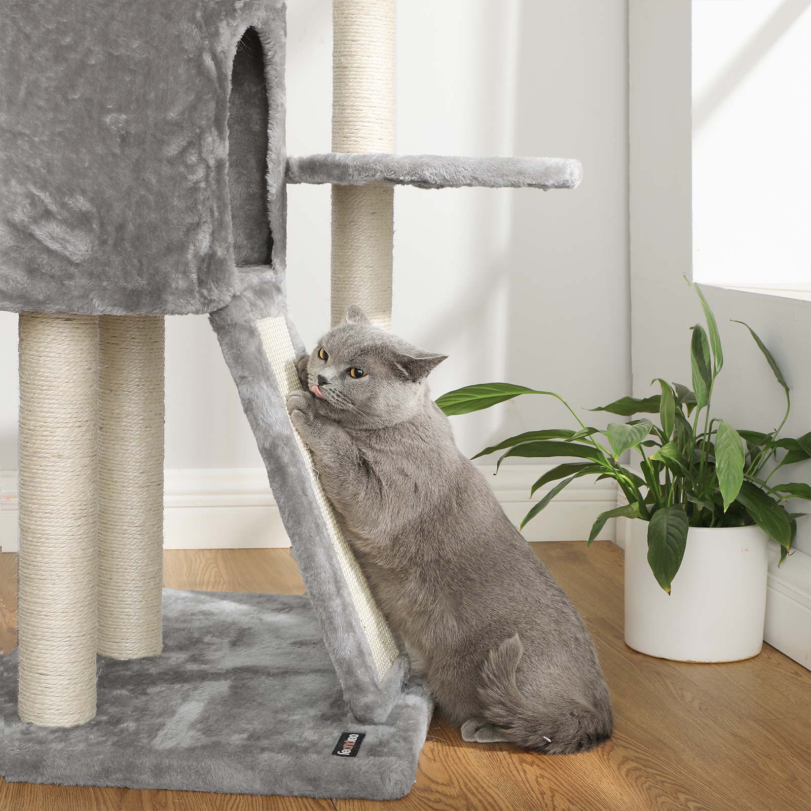 Floor-to-Ceiling Cat Tree - Plywood - Light Grey - Adjustable Height 2.4-2.6 m
