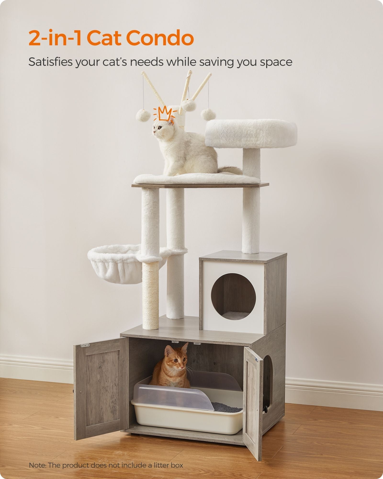 Cat Tree - Wood - Greige - 2-in-1 Design with Litter Box Enclosure and Scratching Posts