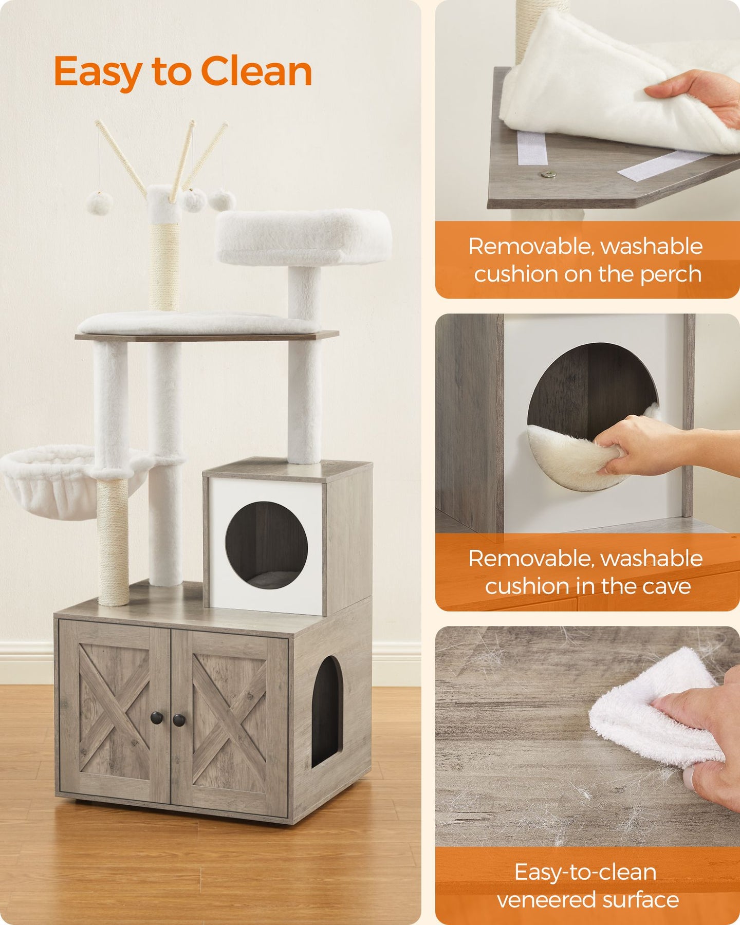 Cat Tree - Wood - Greige - 2-in-1 Design with Litter Box Enclosure and Scratching Posts