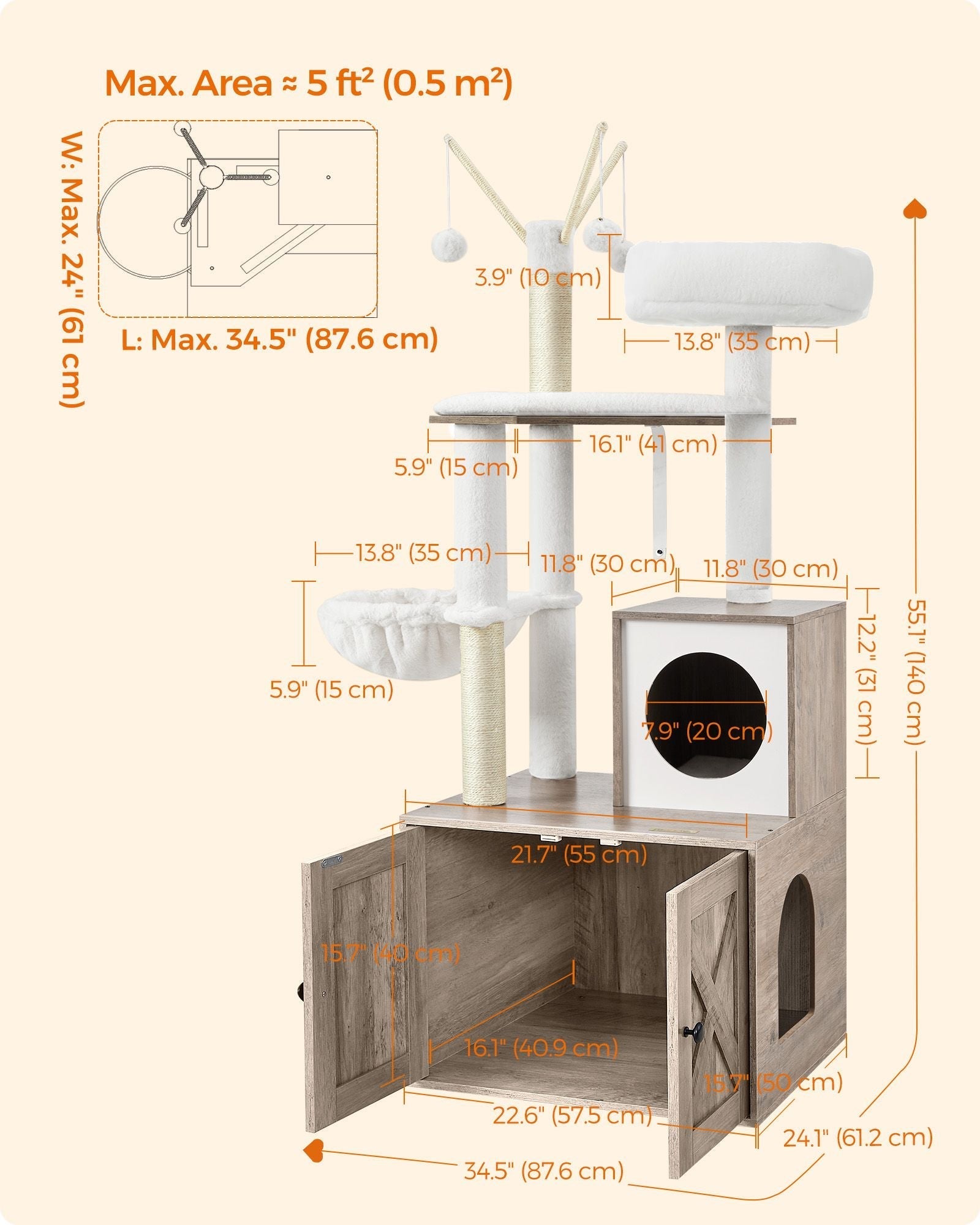 Cat Tree - Wood - Greige - 2-in-1 Design with Litter Box Enclosure and Scratching Posts