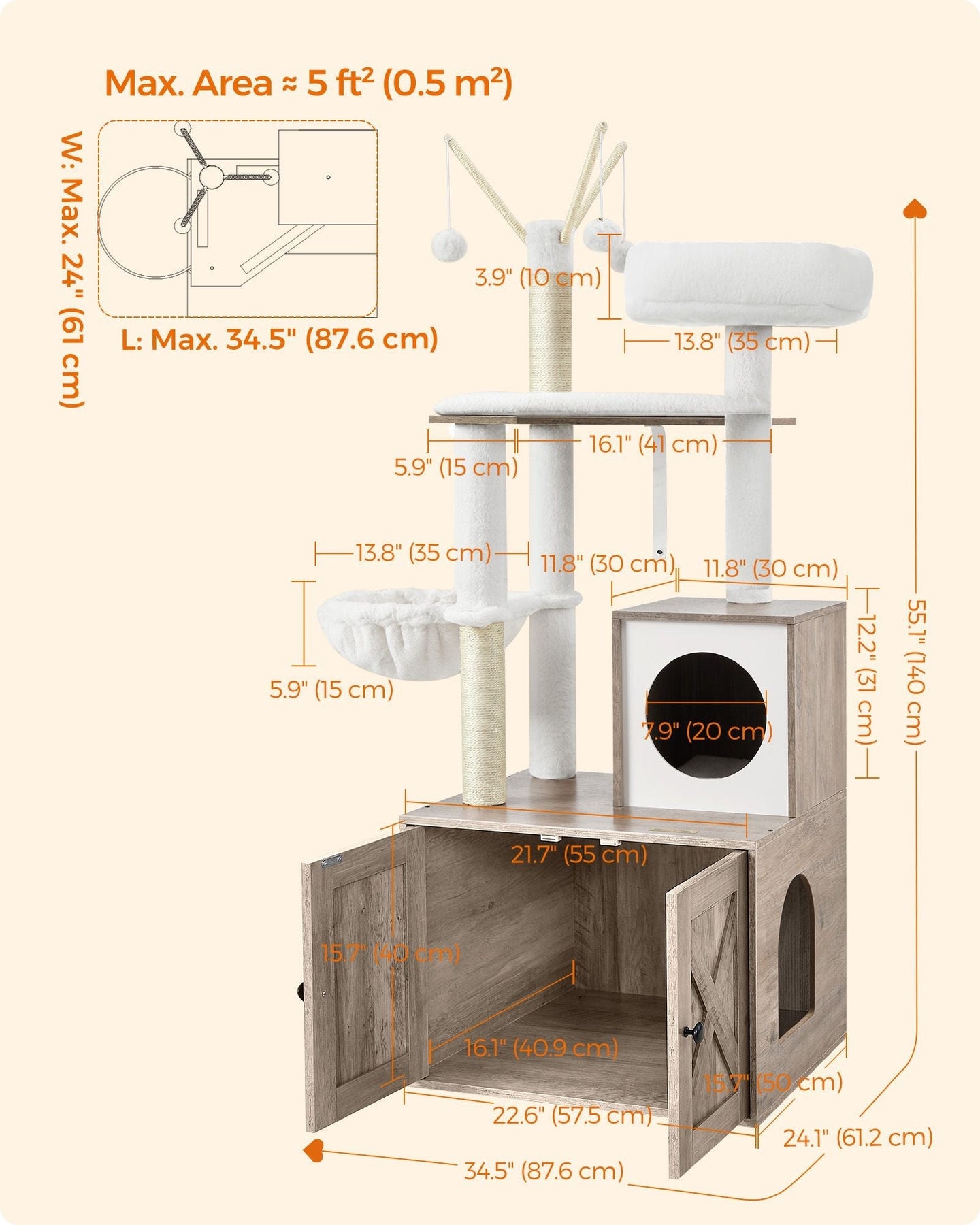 Cat Tree - Wood - Greige - 2-in-1 Design with Litter Box Enclosure and Scratching Posts