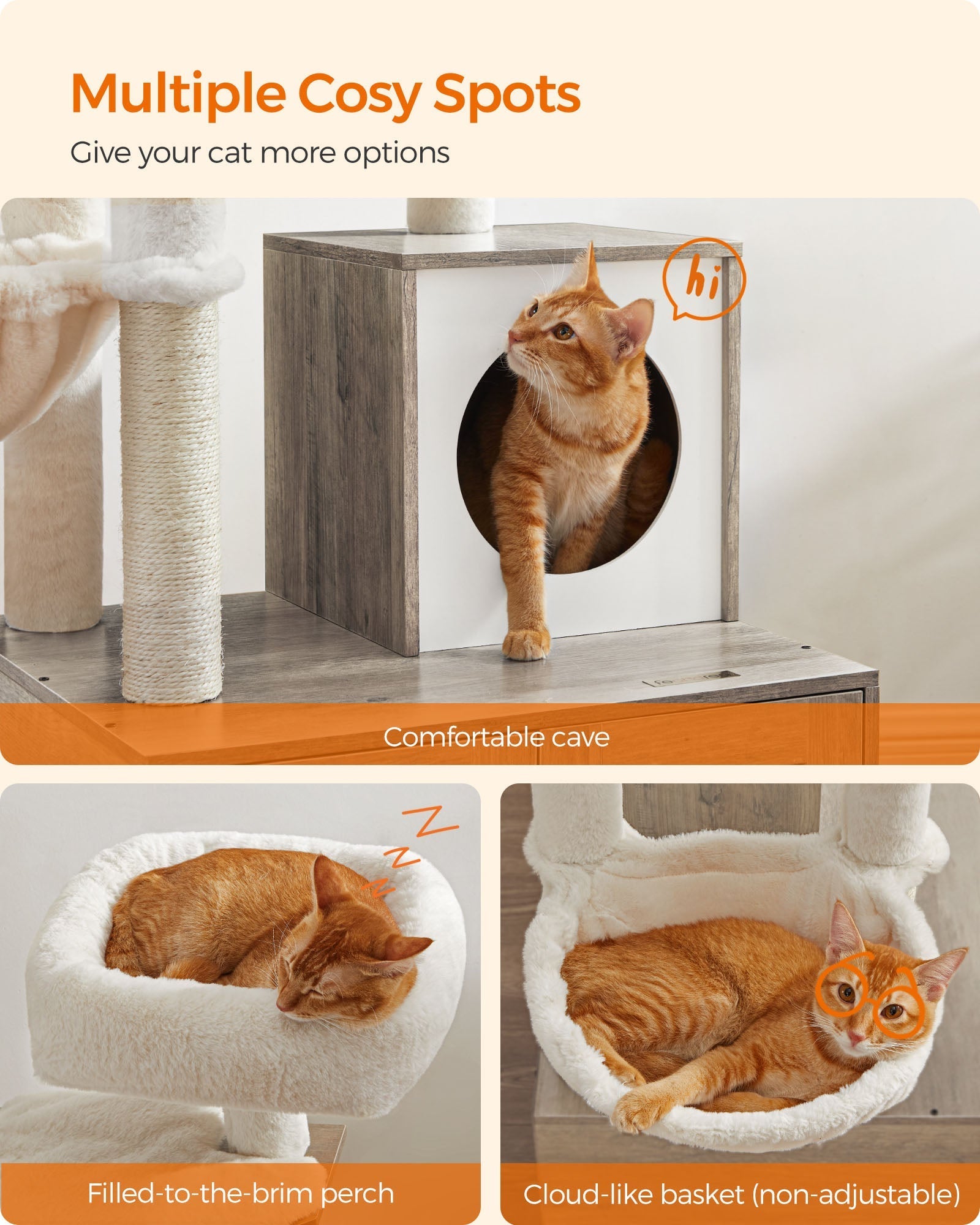 Cat Tree - Wood - Greige - 2-in-1 Design with Litter Box Enclosure and Scratching Posts