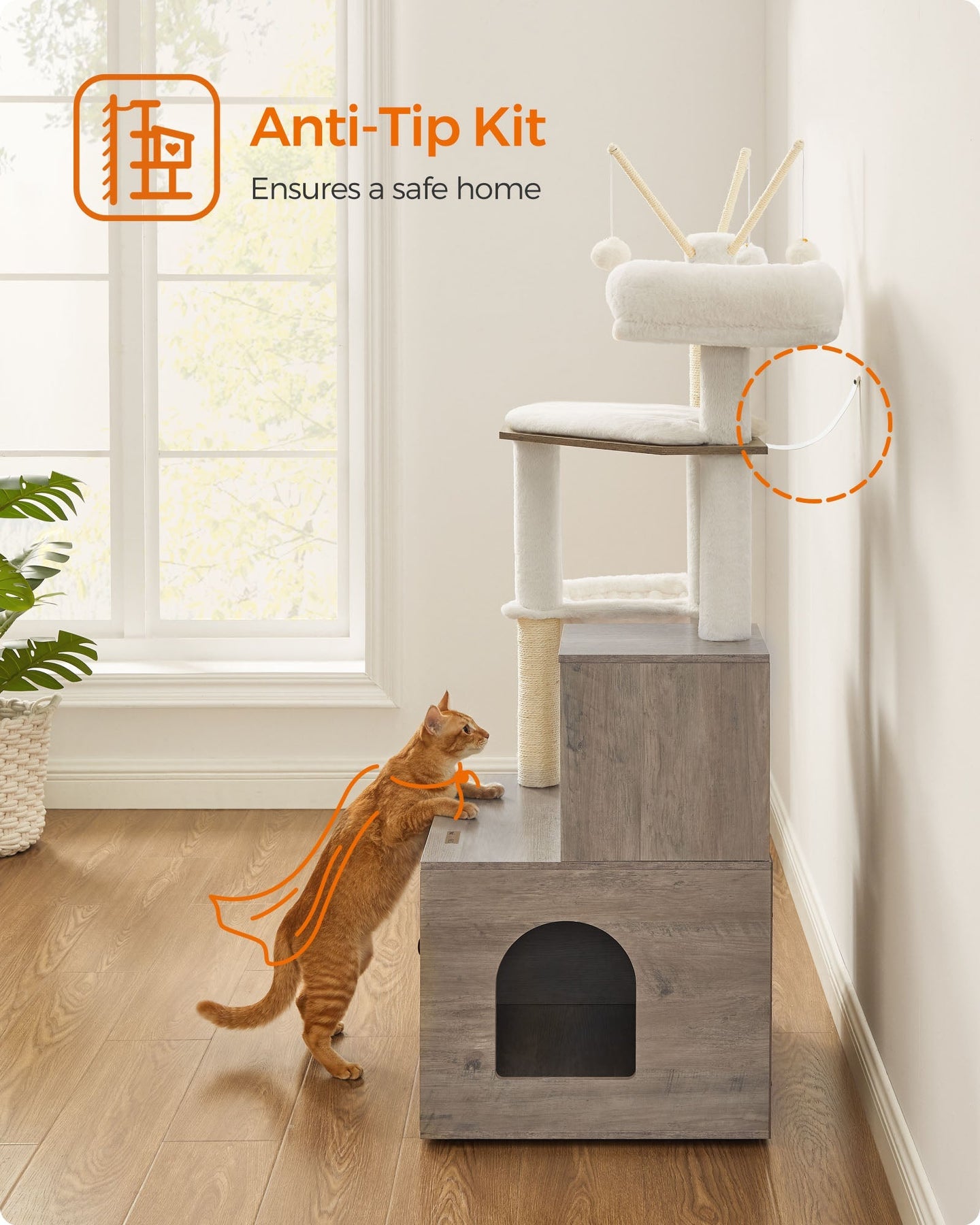 Cat Tree - Wood - Greige - 2-in-1 Design with Litter Box Enclosure and Scratching Posts