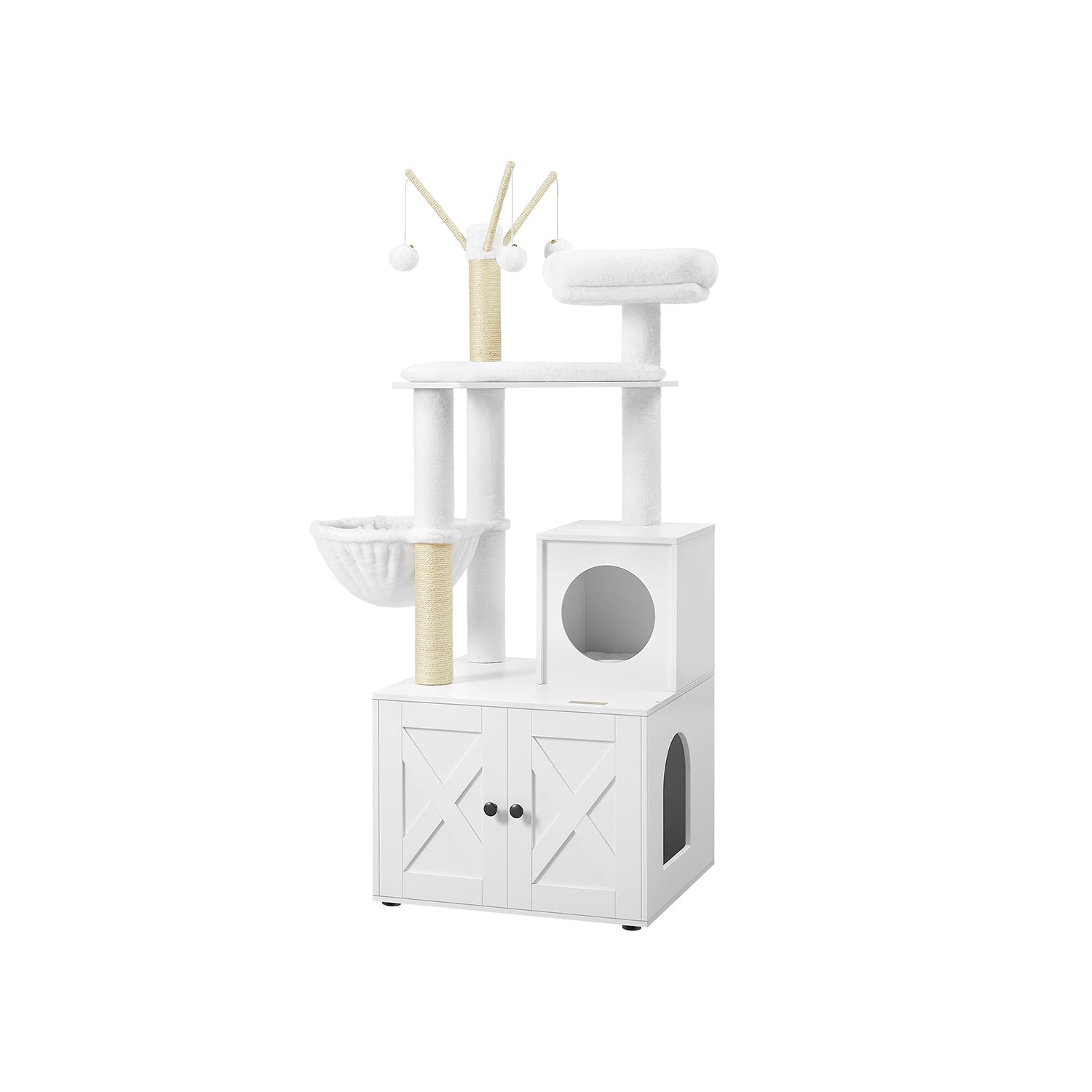 Cat Tree - Engineered Wood - Cloud White - 2-in-1 Design with Litter Box Enclosure and Scratching Posts
