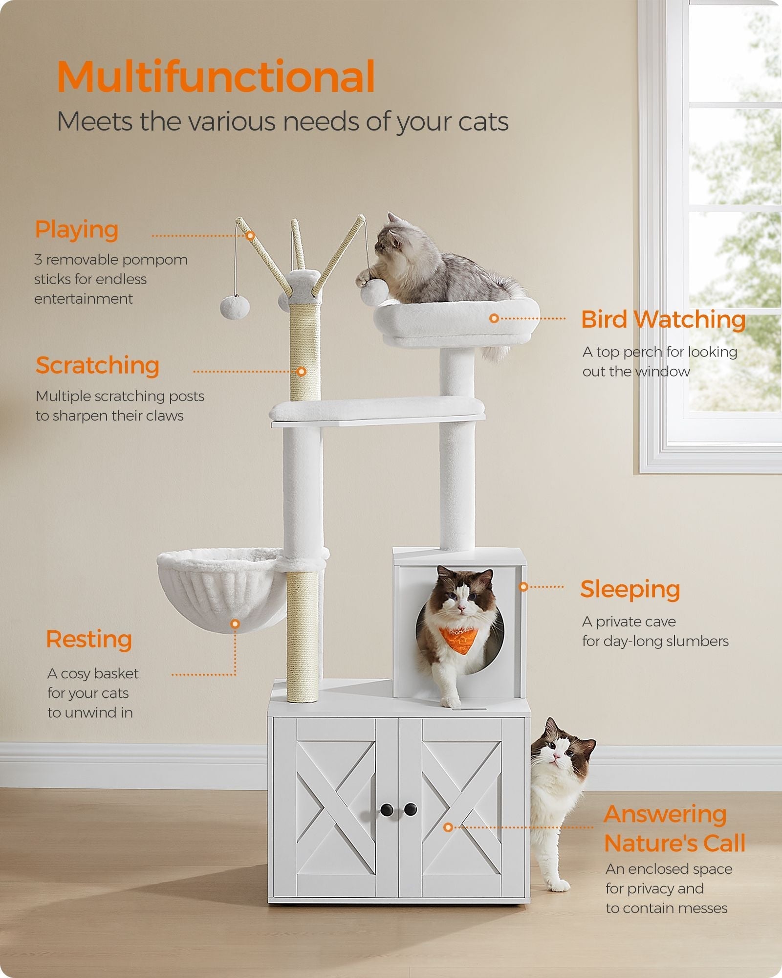 Cat Tree - Engineered Wood - Cloud White - 2-in-1 with Litter Box and Scratching Posts