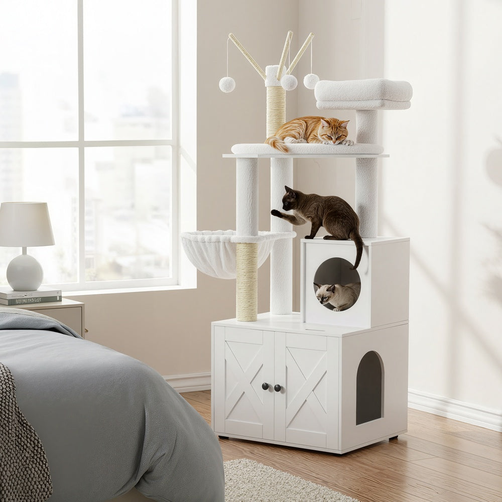 2-in-1 Cat Condo - Engineered Wood - Cloud White - Litter Box Enclosure and Scratching Posts