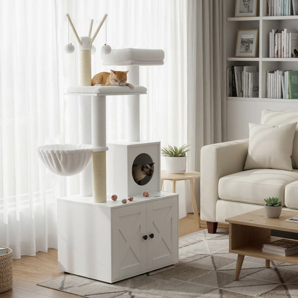 2-in-1 Cat Condo - Engineered Wood - Cloud White - Litter Box Enclosure and Scratching Posts