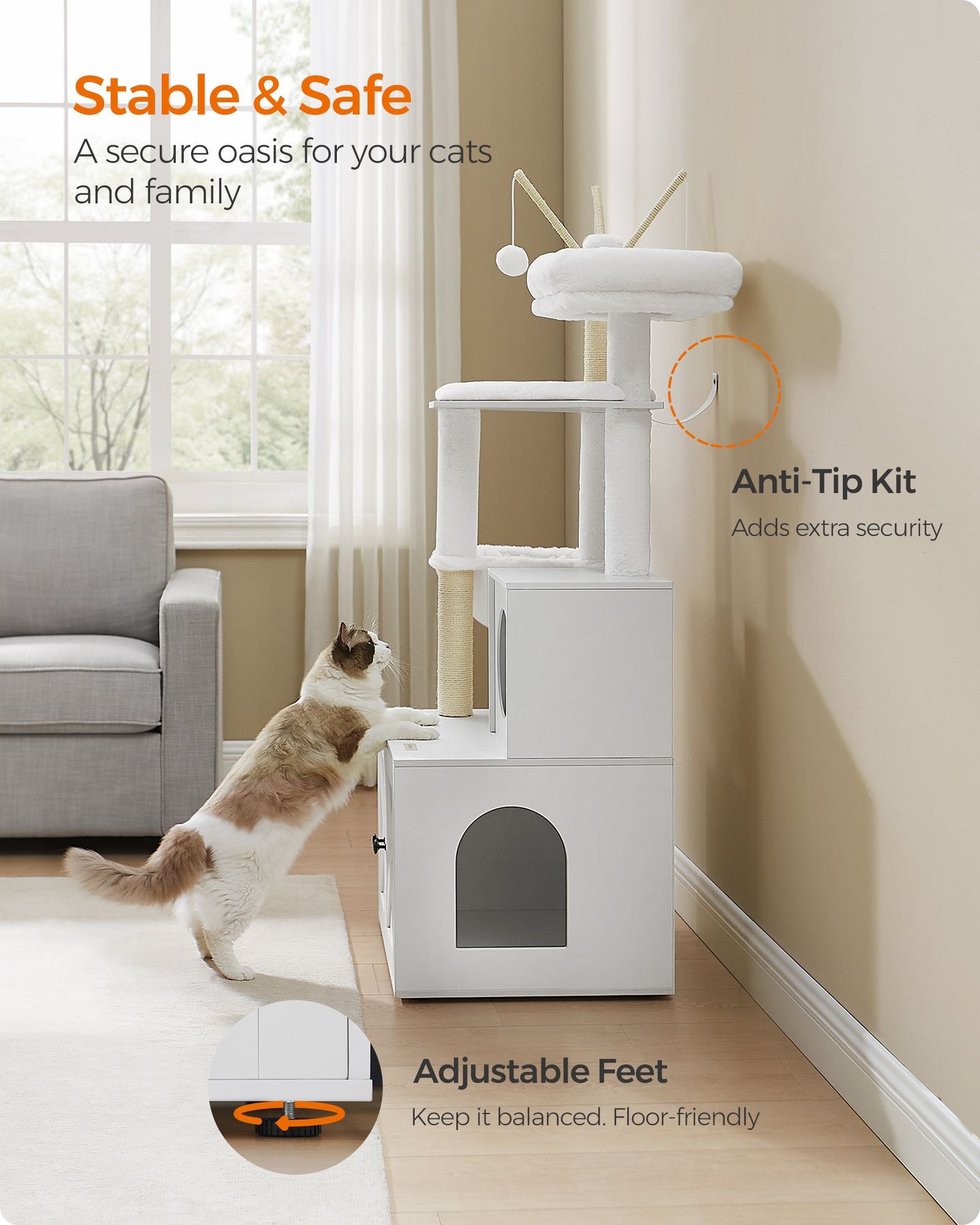 Cat Tree - Engineered Wood - Cloud White - 2-in-1 with Litter Box and Scratching Posts