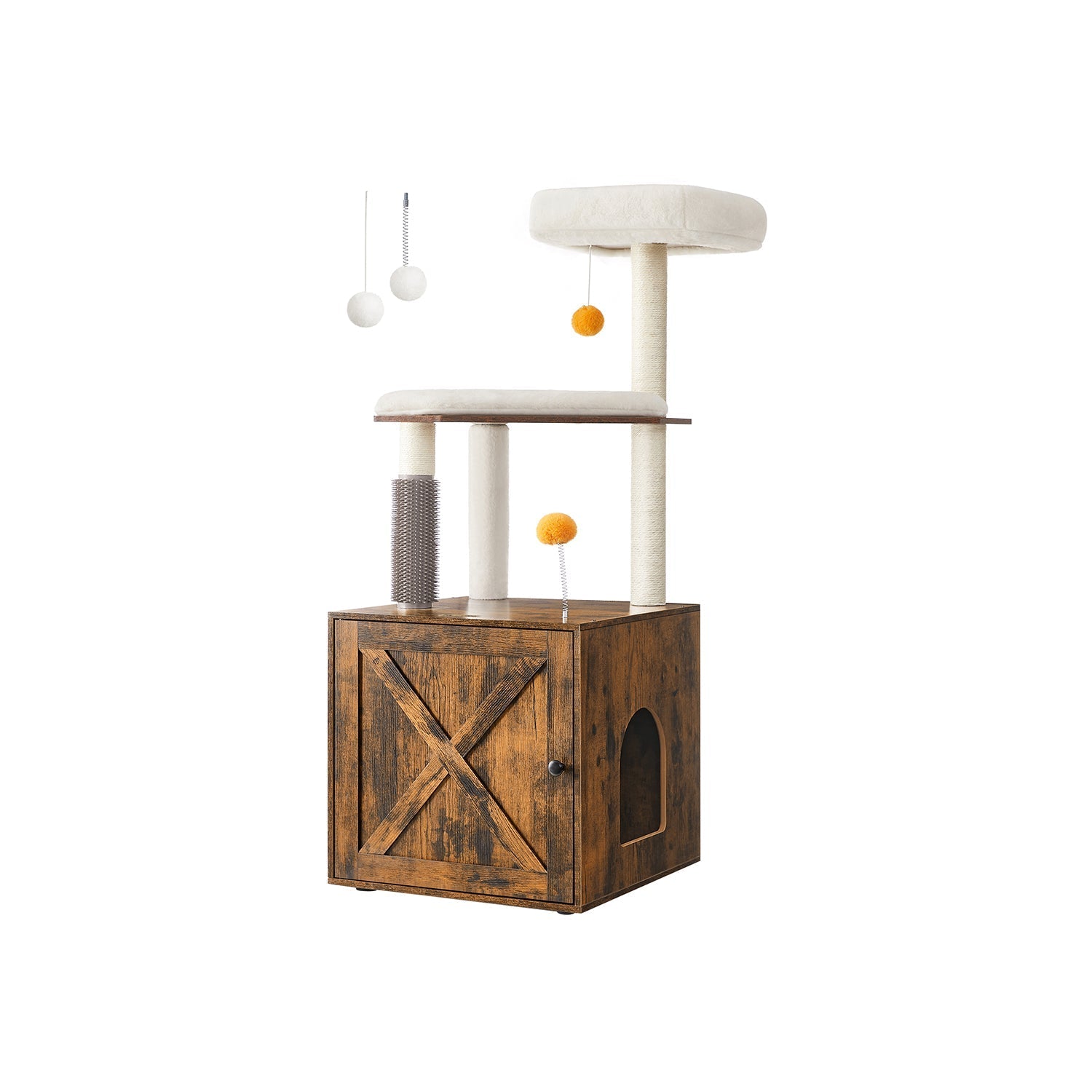 Cat Tree - Engineered Wood - Rustic Brown - 2-in-1 Design with Litter Box Enclosure and Self Groomer