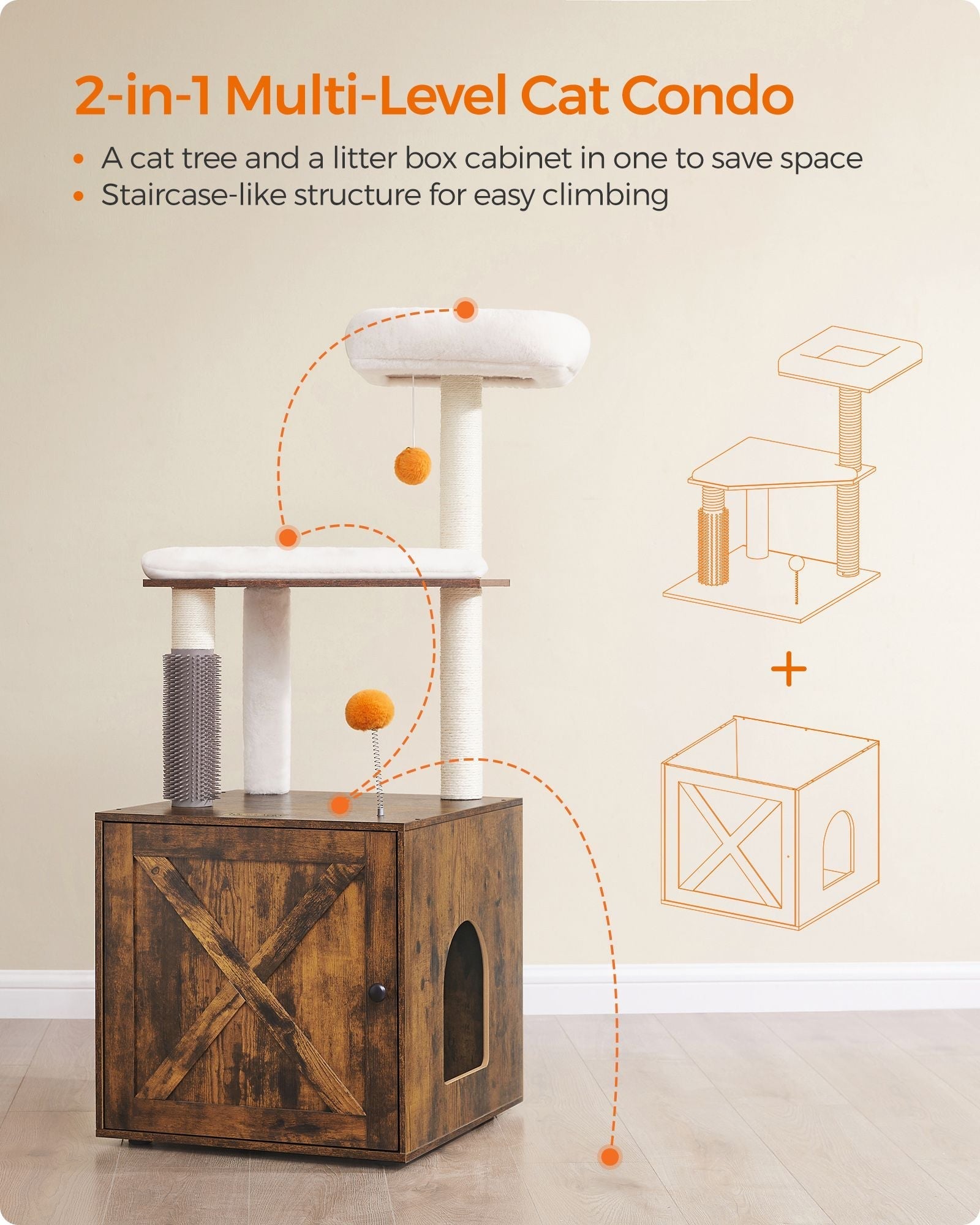Cat Tree - Engineered Wood - Rustic Brown - 2-in-1 Design with Litter Box Enclosure and Self Groomer