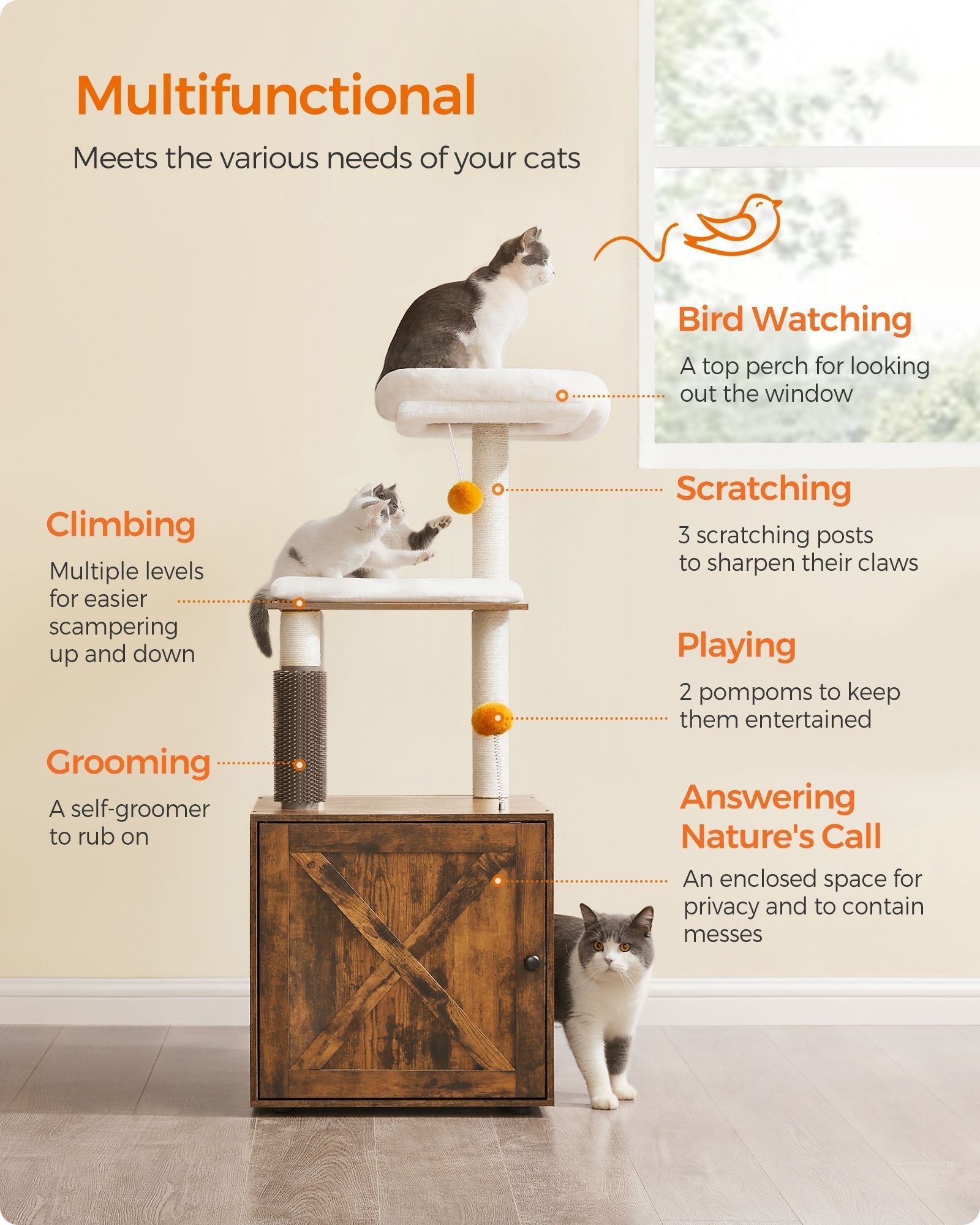 Cat Tree - Engineered Wood - Rustic Brown - 2-in-1 Design with Litter Box Enclosure and Self Groomer