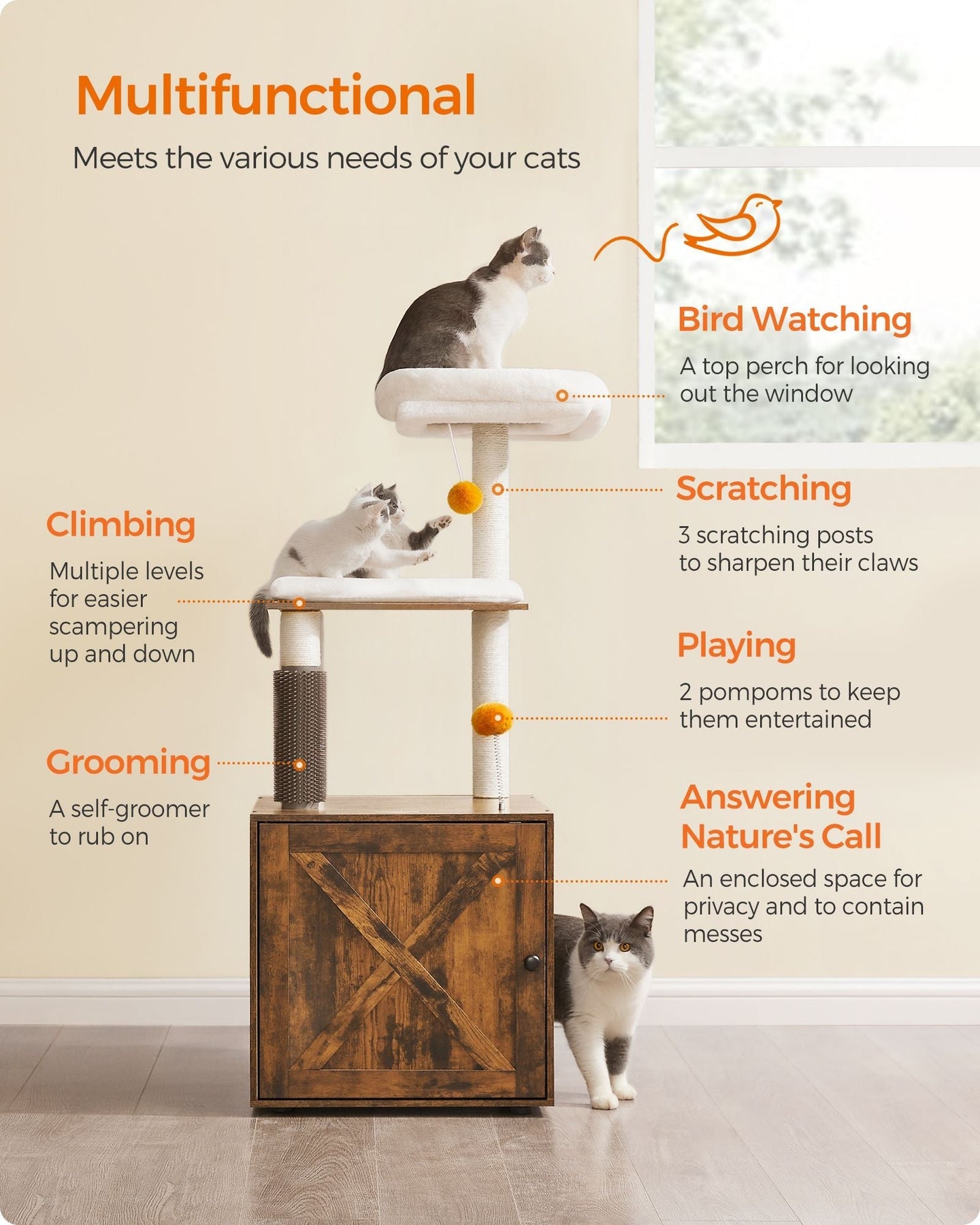 Cat Tree - Engineered Wood - Rustic Brown - 2-in-1 Design with Litter Box Enclosure and Self Groomer