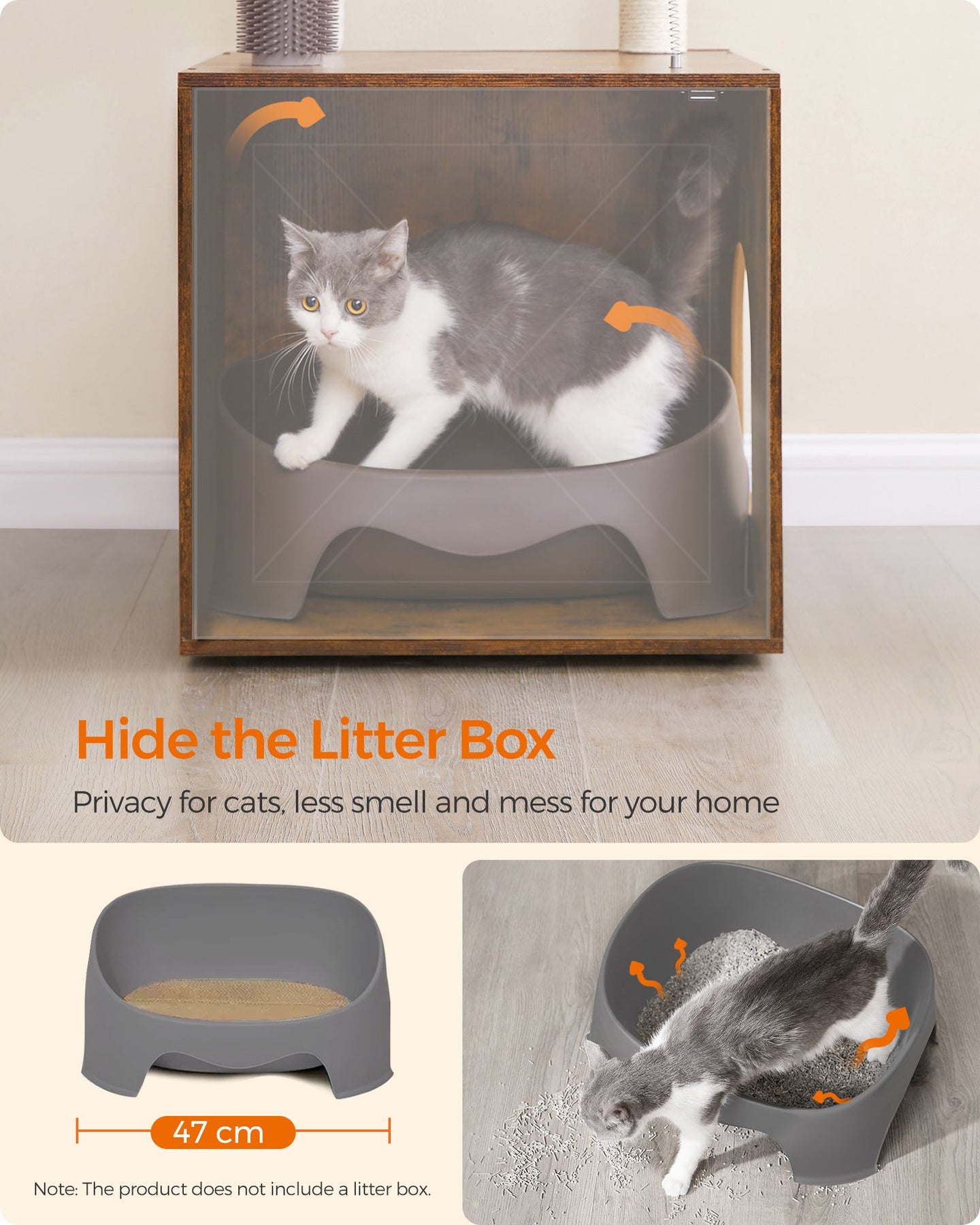 Cat Tree - Engineered Wood - Rustic Brown - 2-in-1 Design with Litter Box Enclosure and Self Groomer