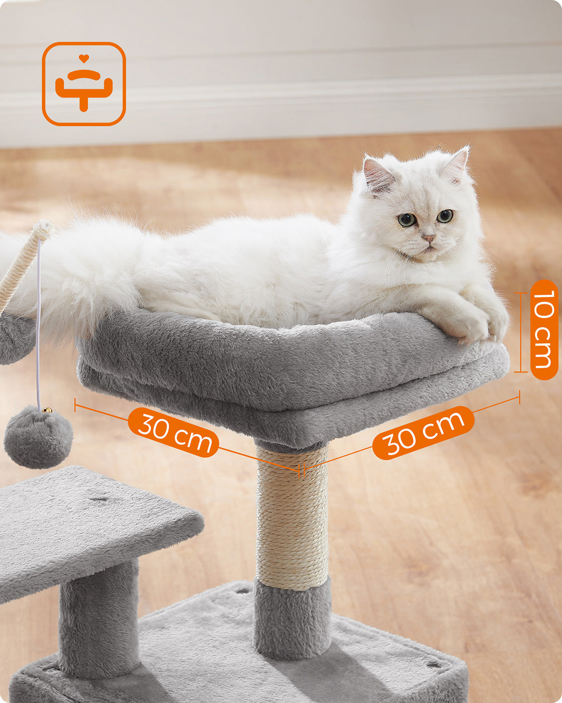 Cat Tree - Engineered Wood - Light Grey - 72 cm Height with Pompoms