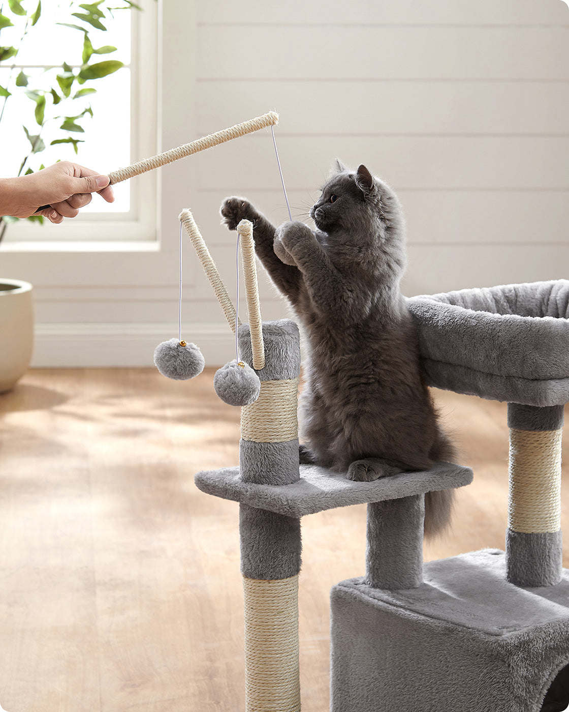 Cat Tree - Engineered Wood - Light Grey - 72 cm Height with Pompoms