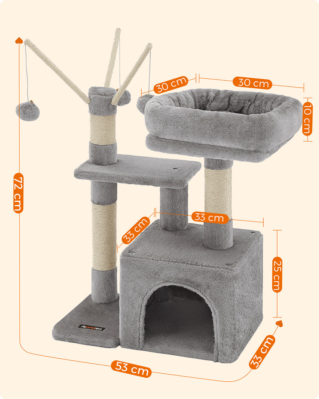 Cat Tree - Engineered Wood - Light Grey - 72 cm Height with Pompoms