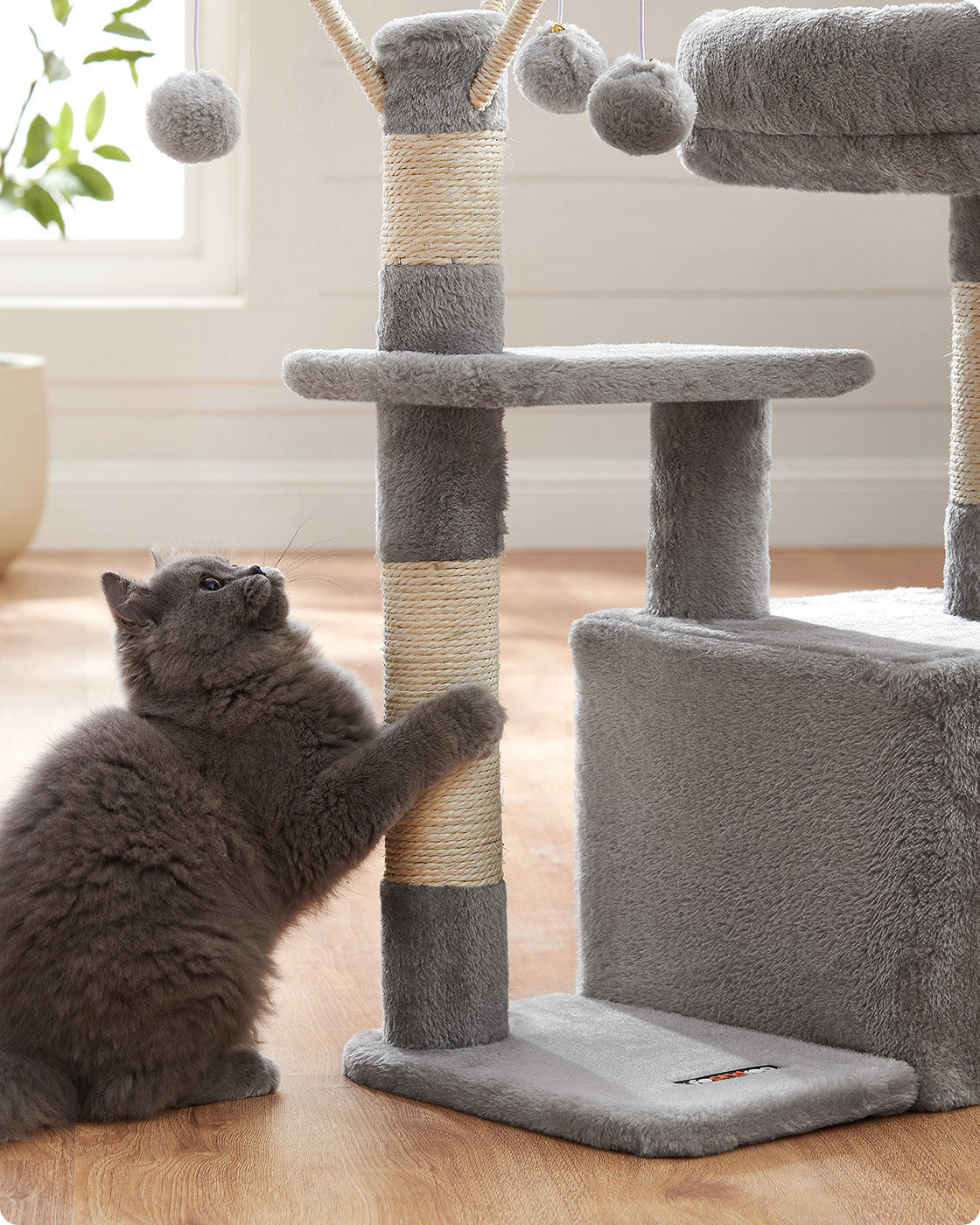 Cat Tree - Engineered Wood - Light Grey - 72 cm Height with Pompoms
