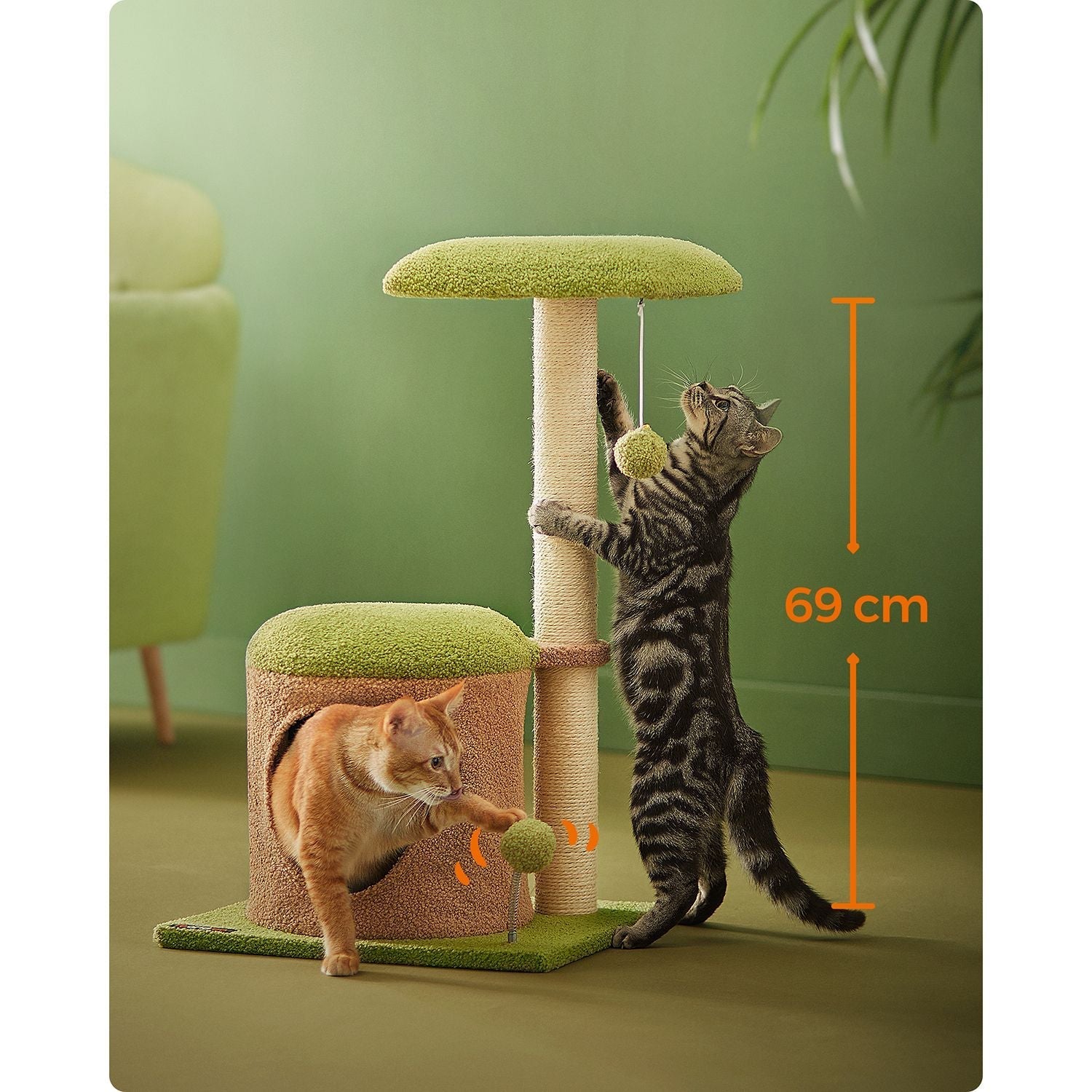 Cat Tree House - Wood - Spring Green - Includes Scratching Post and Padded Perch
