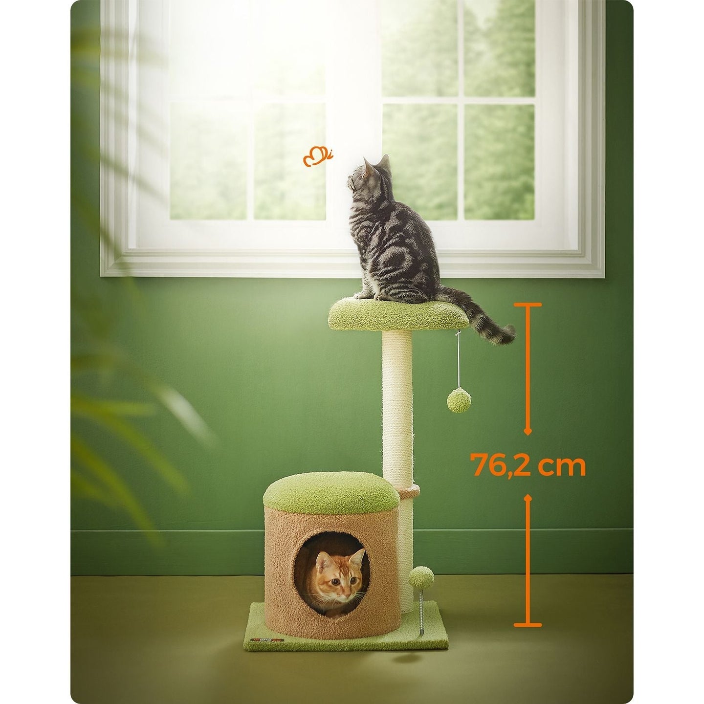 Cat Tree House - Wood - Spring Green - Includes Scratching Post and Padded Perch