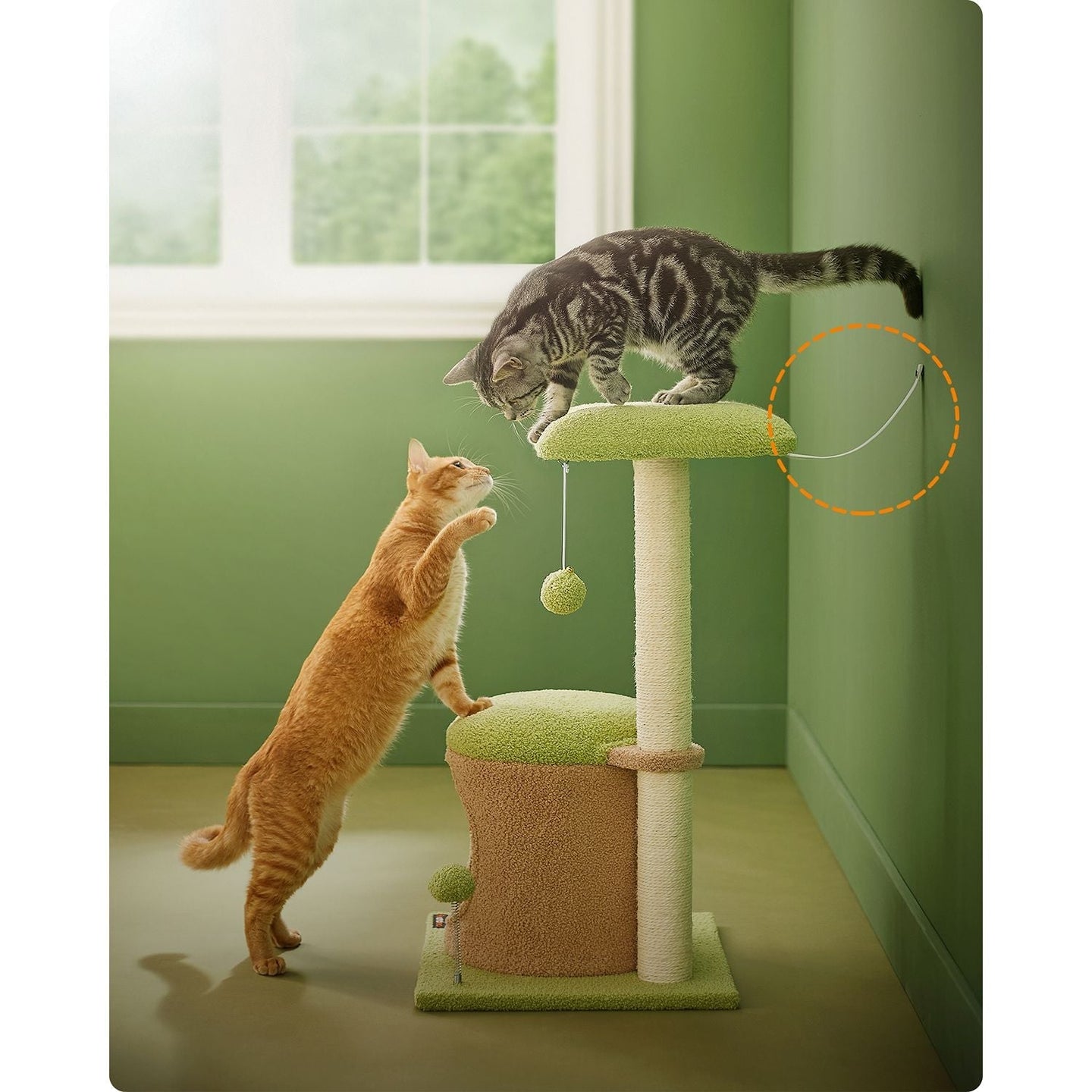 Cat Tree House - Wood - Spring Green - Includes Scratching Post and Padded Perch