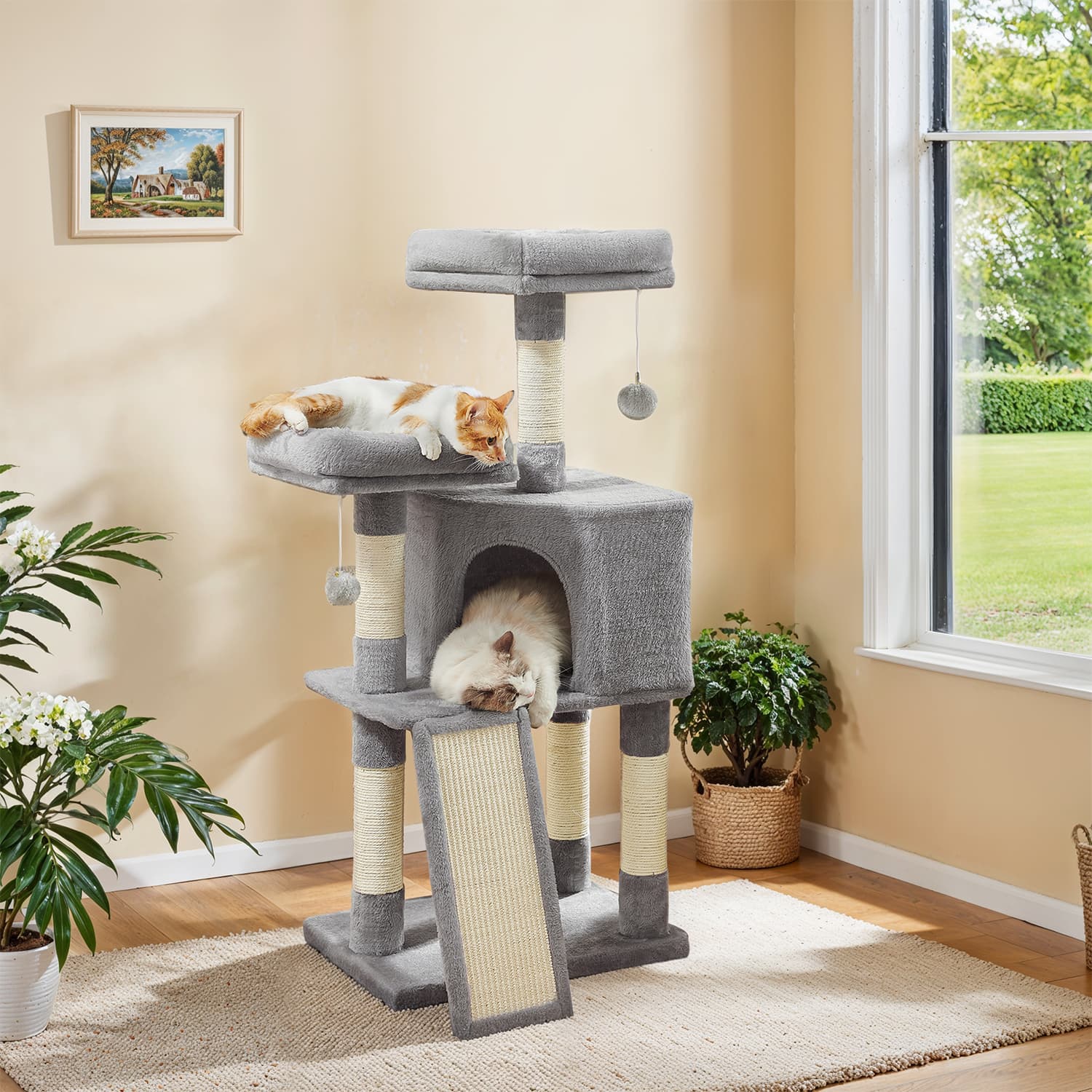 Cat Tower - Wood - Light Gray - Multi-Level with Scratching Post and Ramp for All Ages