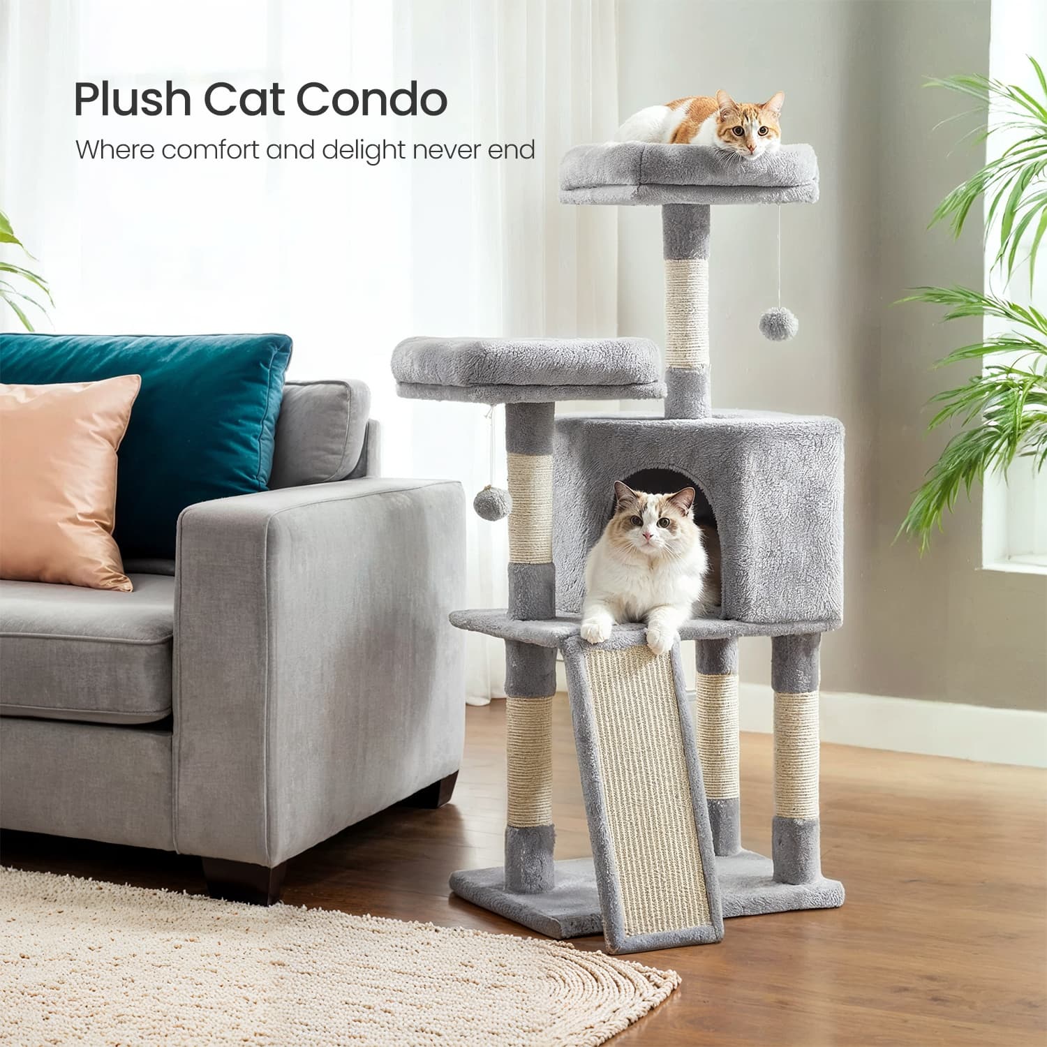 Cat Tower - Wood - Light Gray - Multi-Level with Scratching Post and Ramp for All Ages