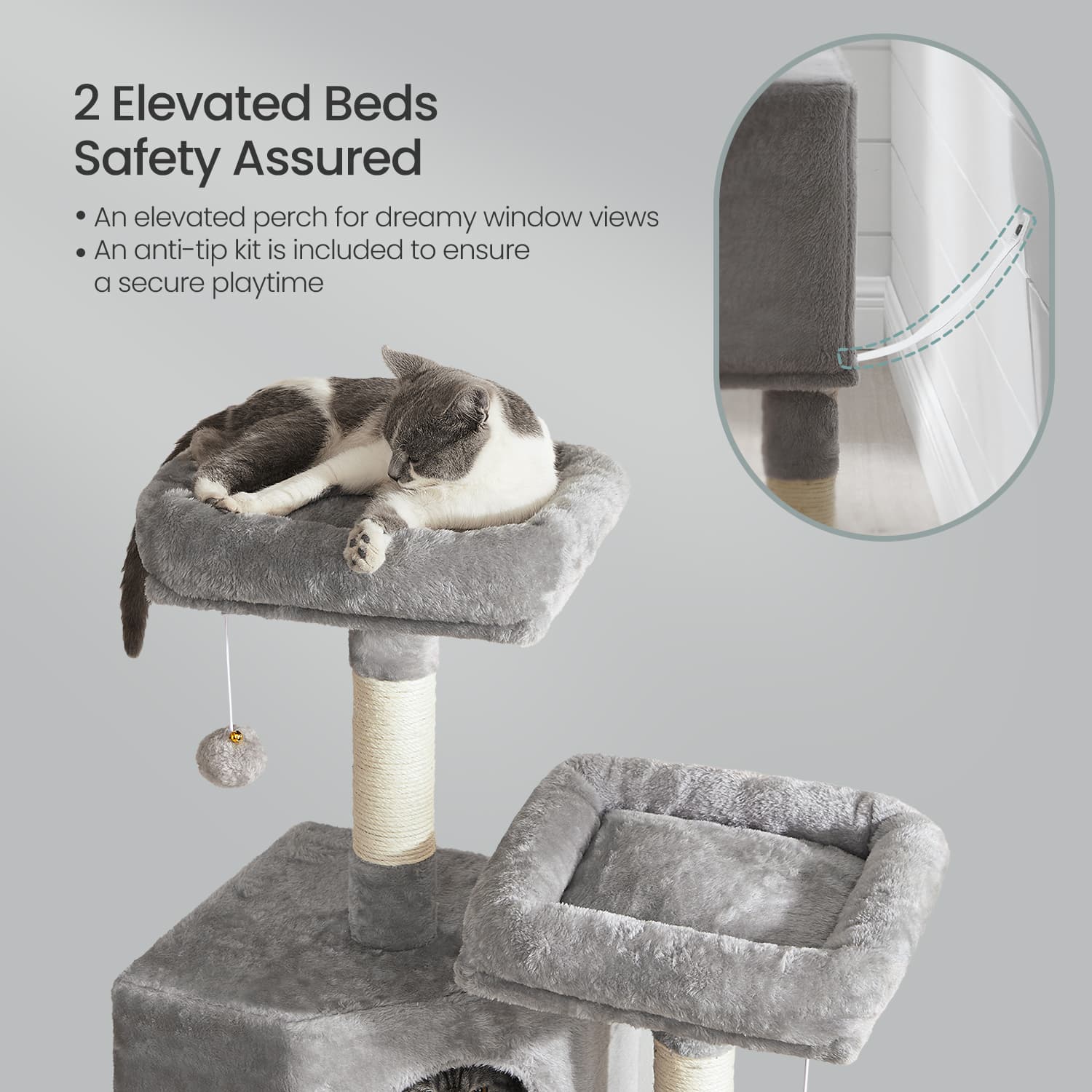 Cat Tower - Wood - Light Gray - Multi-Level with Scratching Post and Ramp for All Ages