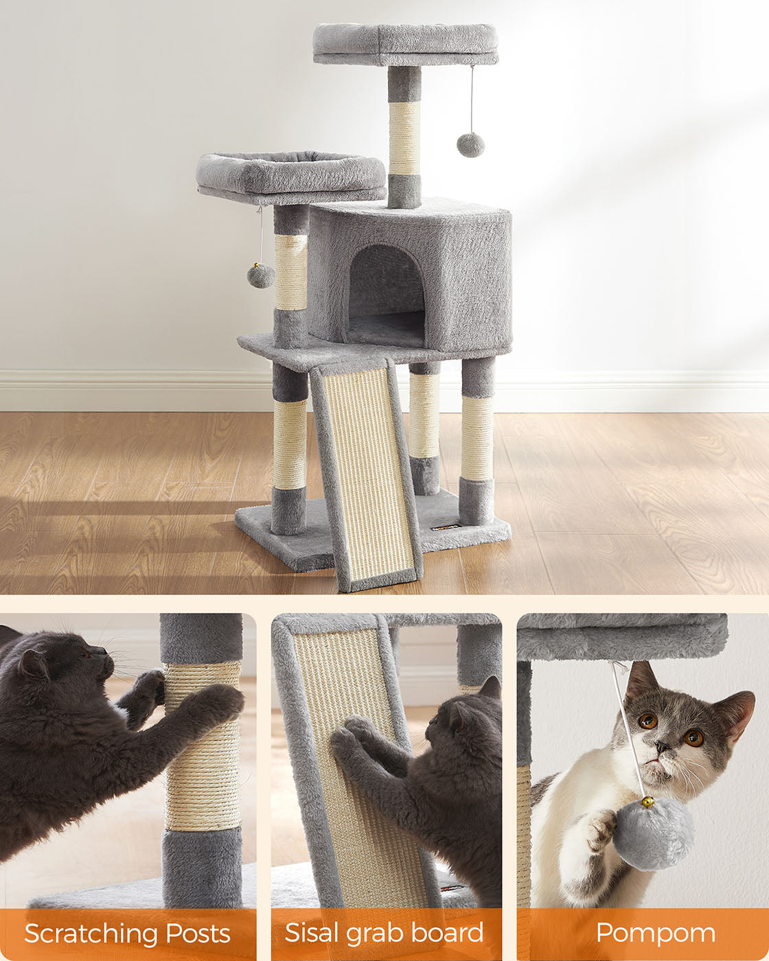 Cat Tower - Plywood - Light Grey - Includes Scratching Ramp