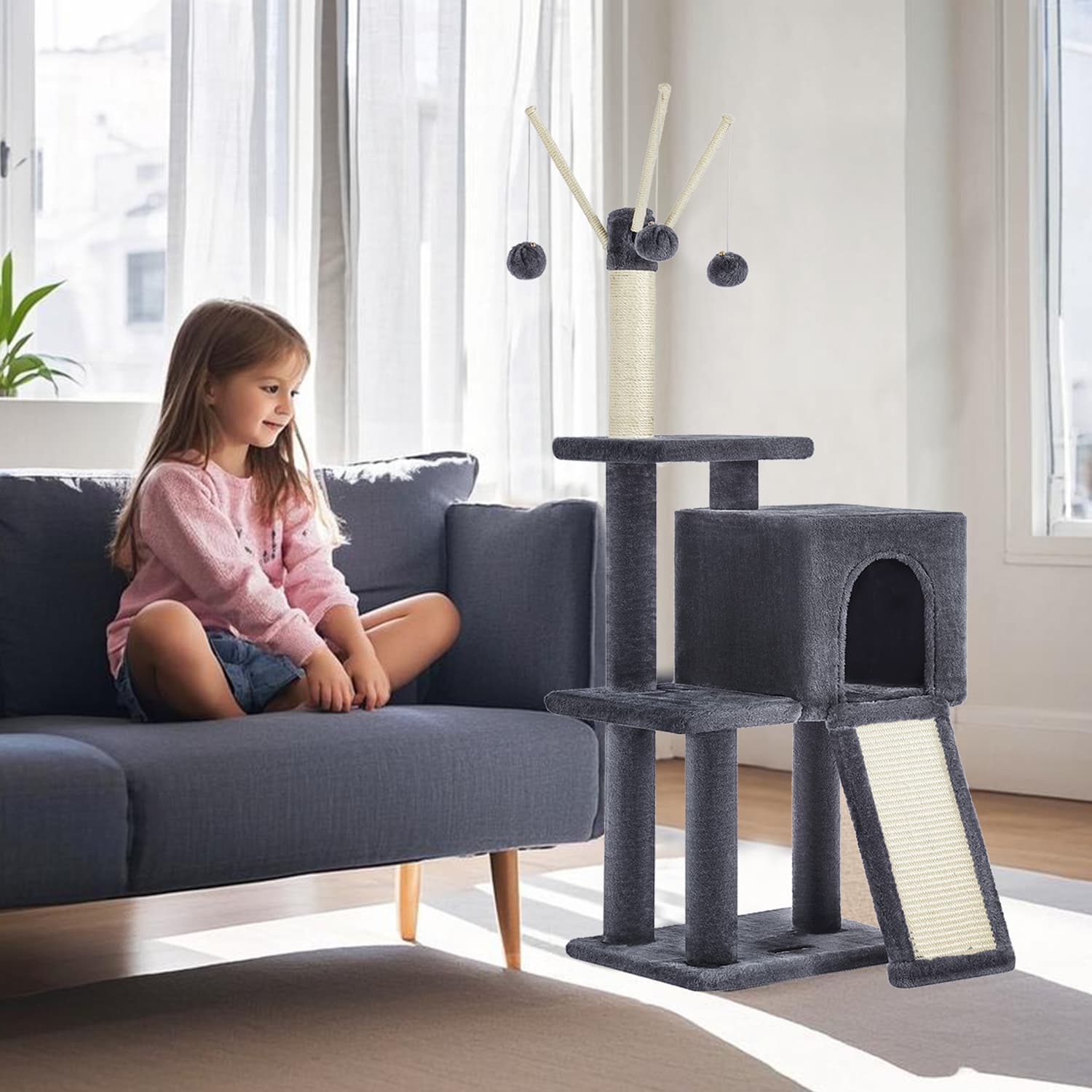 Cat Tree - Engineered Wood - Light Grey - Ideal for Indoor Cats and Kittens