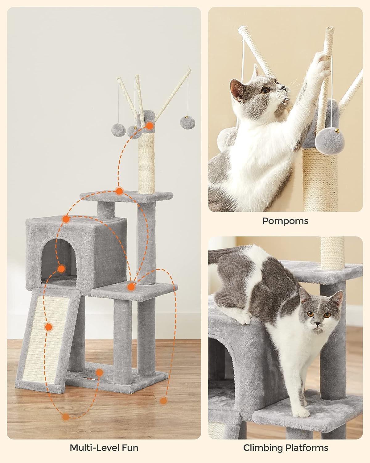 Cat Tree - Engineered Wood - Light Grey - Multi-Level with Scratching Post