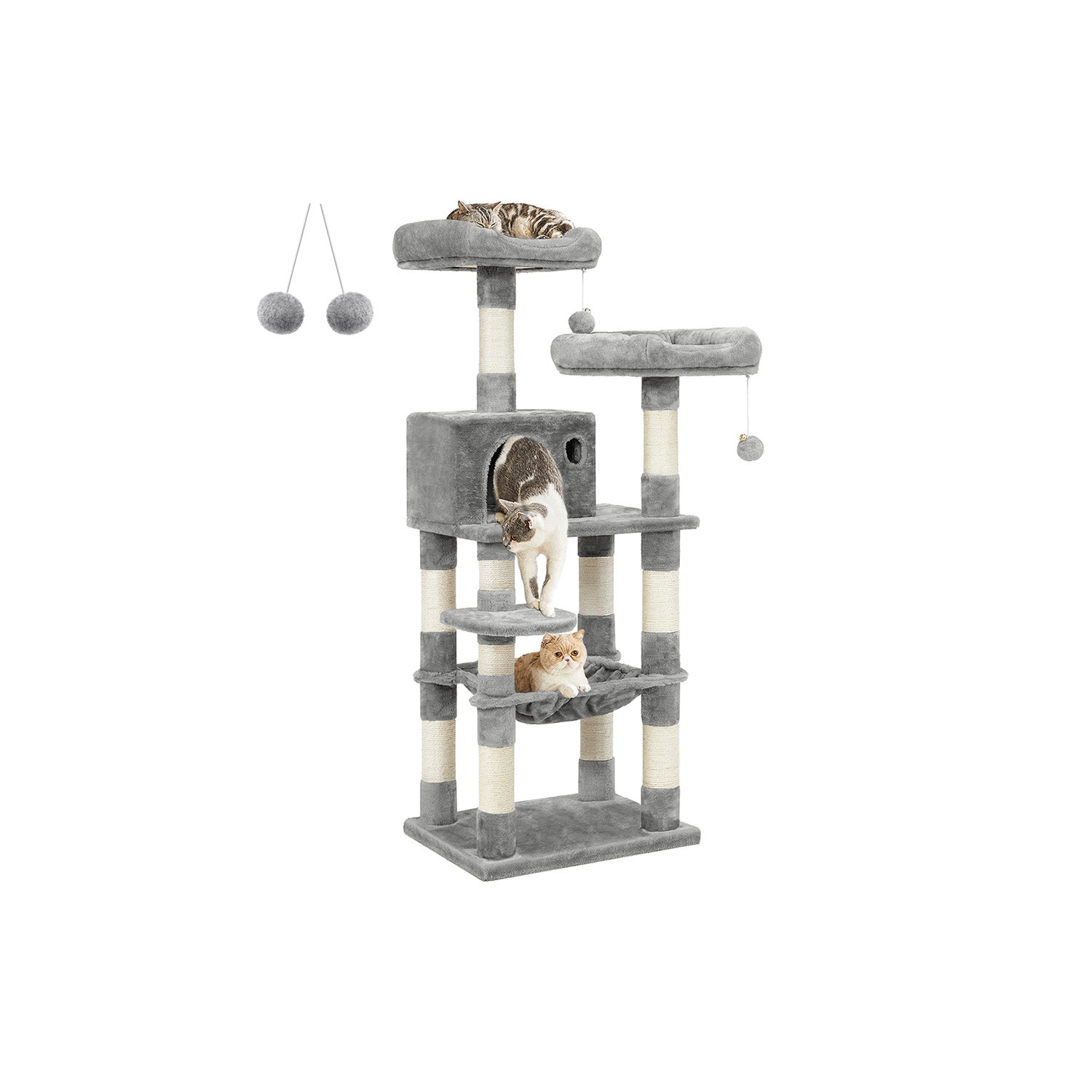 Cat Tree - Wood - Light Grey - Dual Platforms with Cat Cave and Stability Features