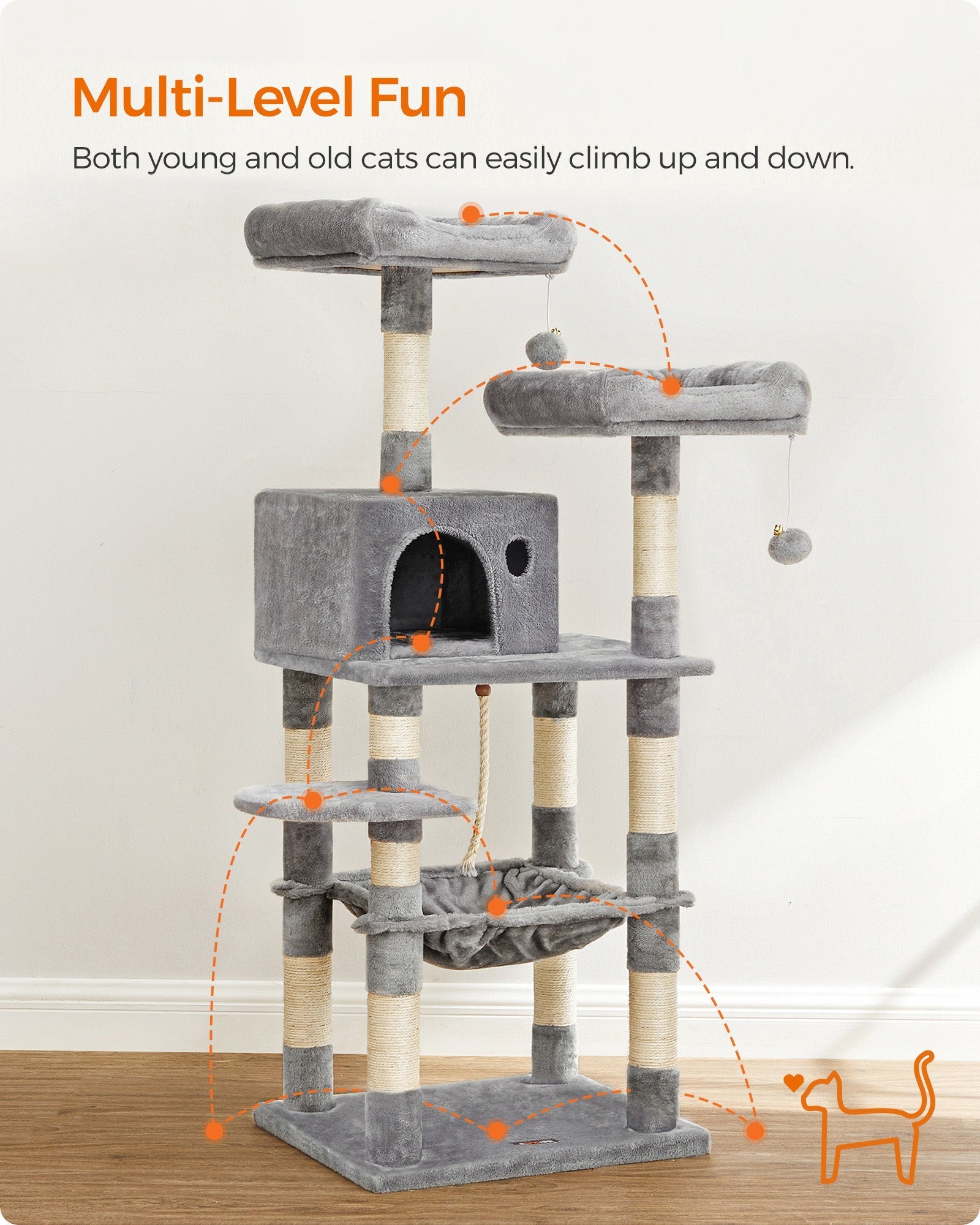 Cat Tree - Wood - Light Grey - Dual Platforms with Cat Cave and Stability Features