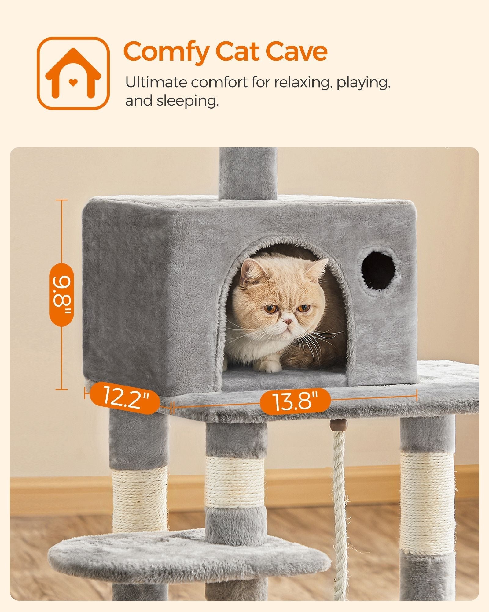 Cat Tree - Wood - Light Grey - Dual Platforms with Cat Cave and Stability Features