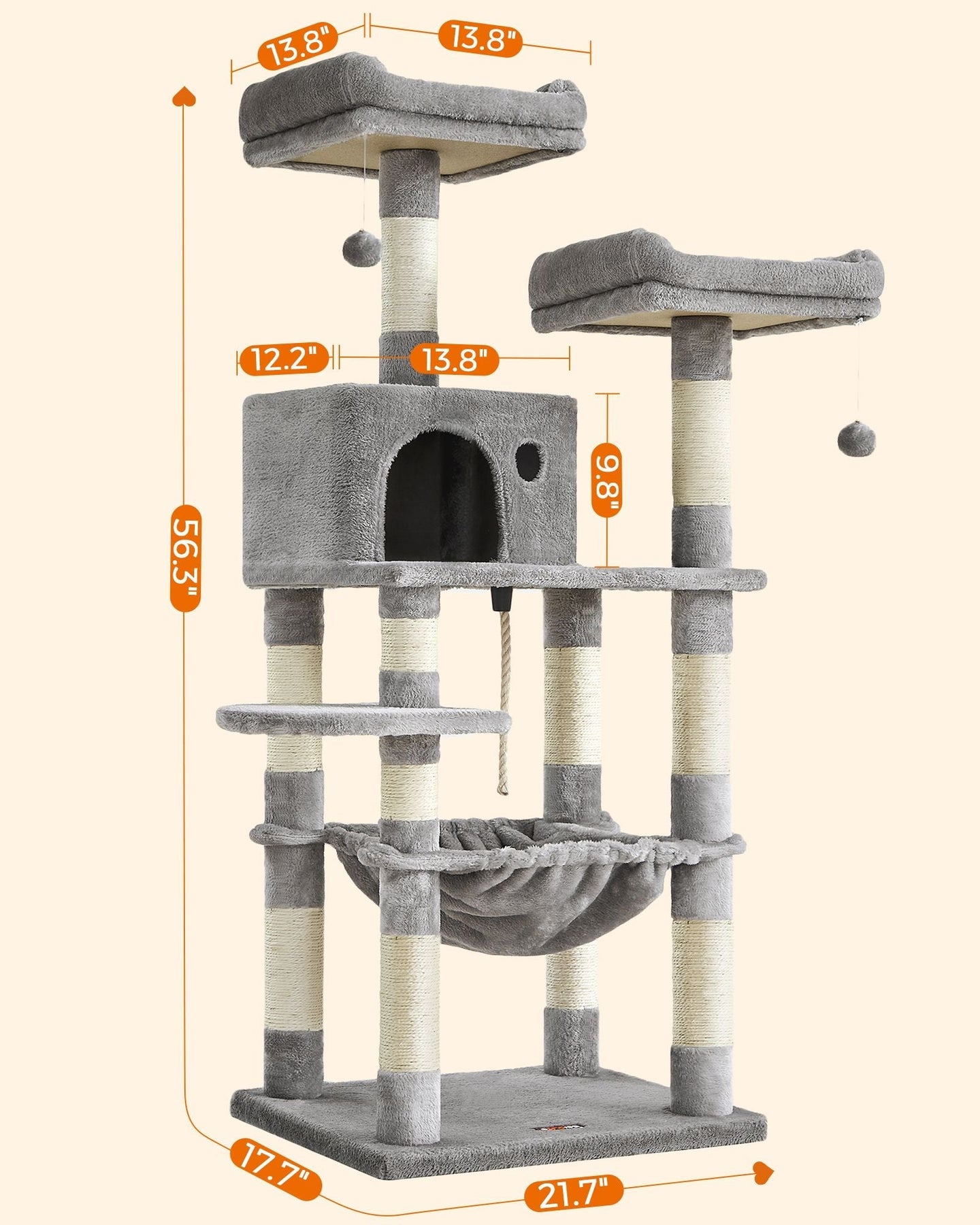Cat Tree - Wood - Light Grey - Dual Platforms with Cat Cave and Stability Features