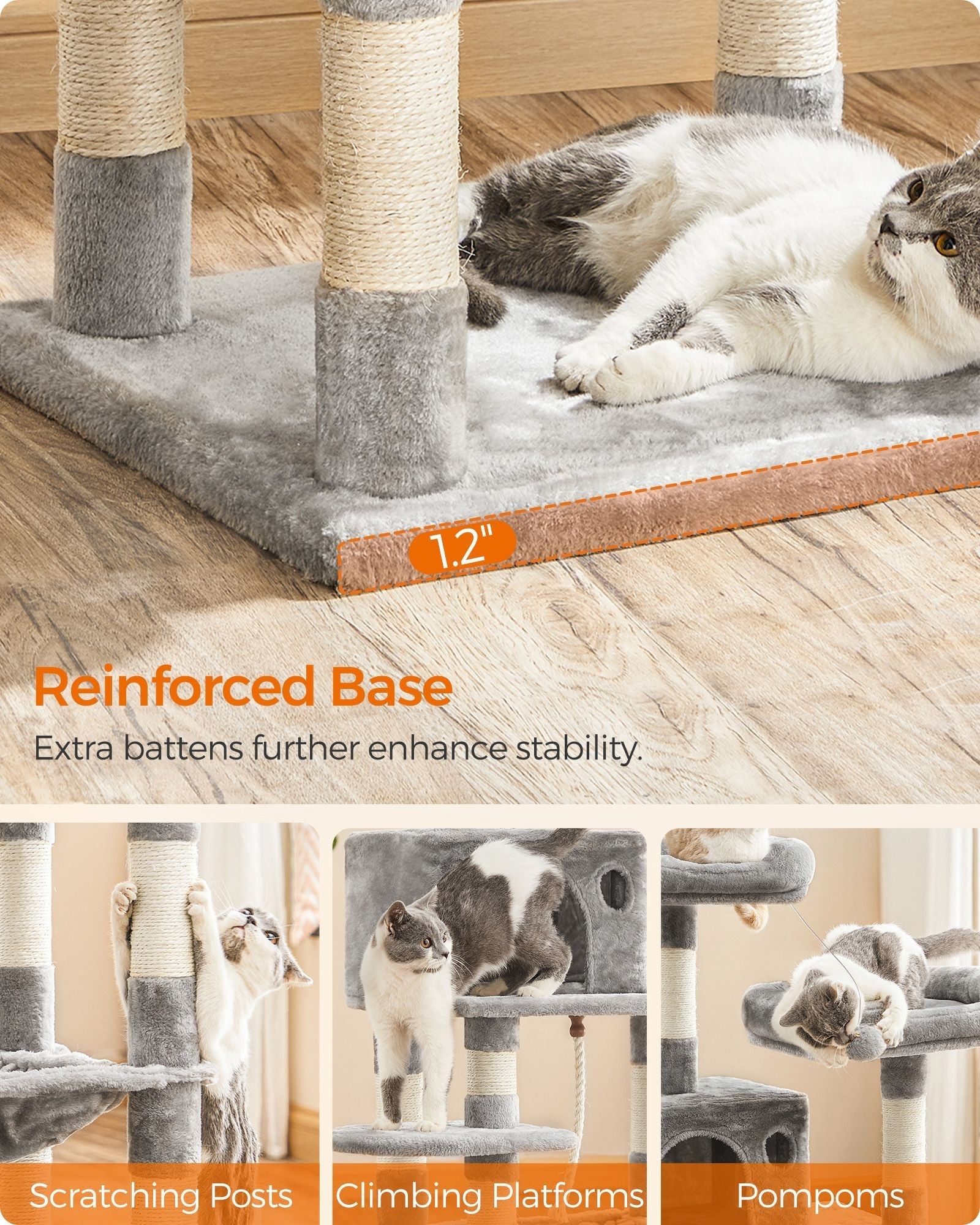 Cat Tree - Wood - Light Grey - Dual Platforms with Cat Cave and Stability Features