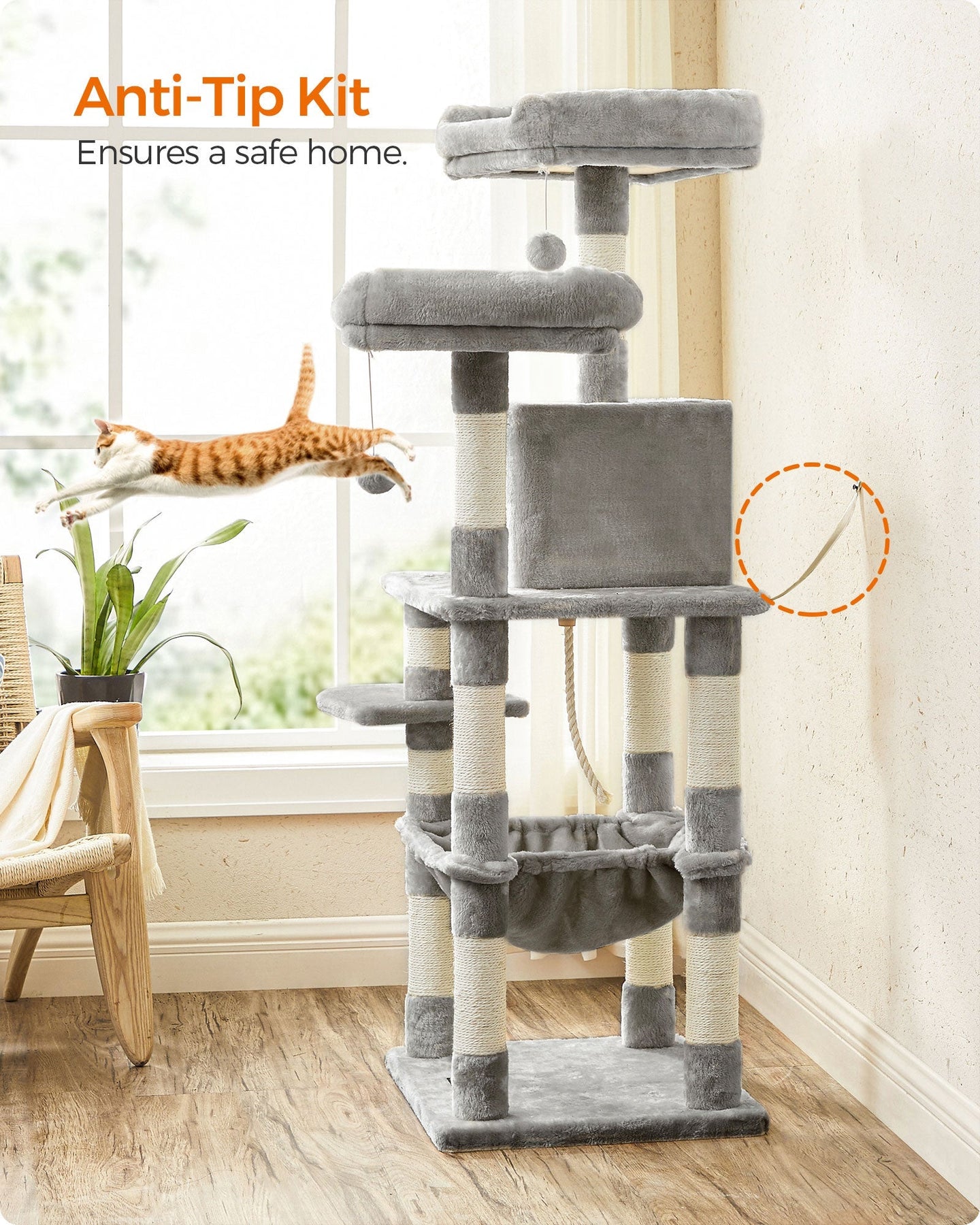Cat Tree - Wood - Light Grey - Dual Platforms with Cat Cave and Stability Features