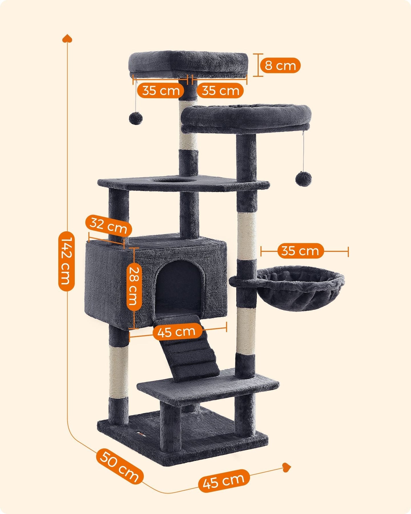 Cat Tree Tower - Wood - Light Grey - Multi-Level Activity Centre