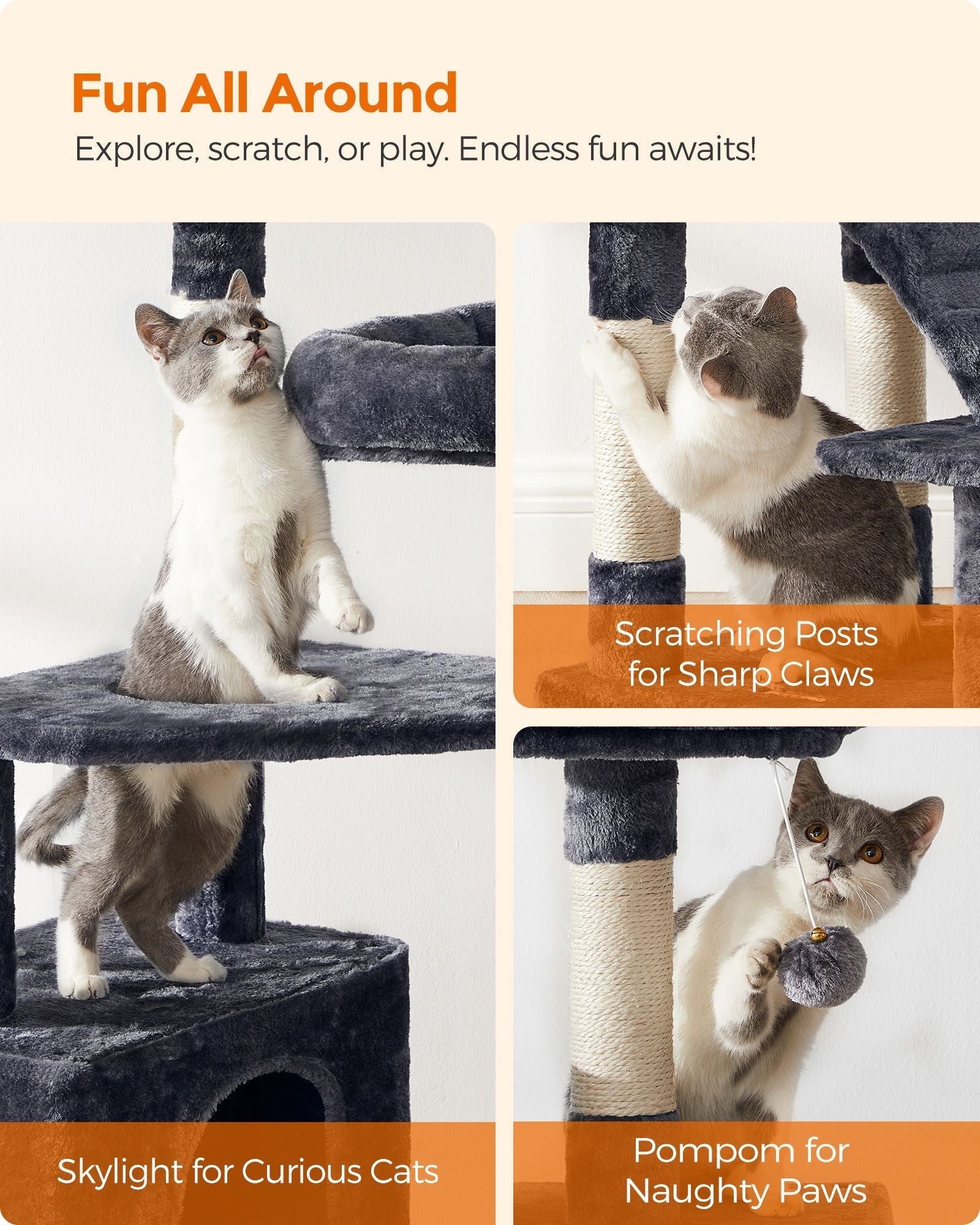 Cat Tree Tower - Wood - Light Grey - Multi-Level Activity Centre