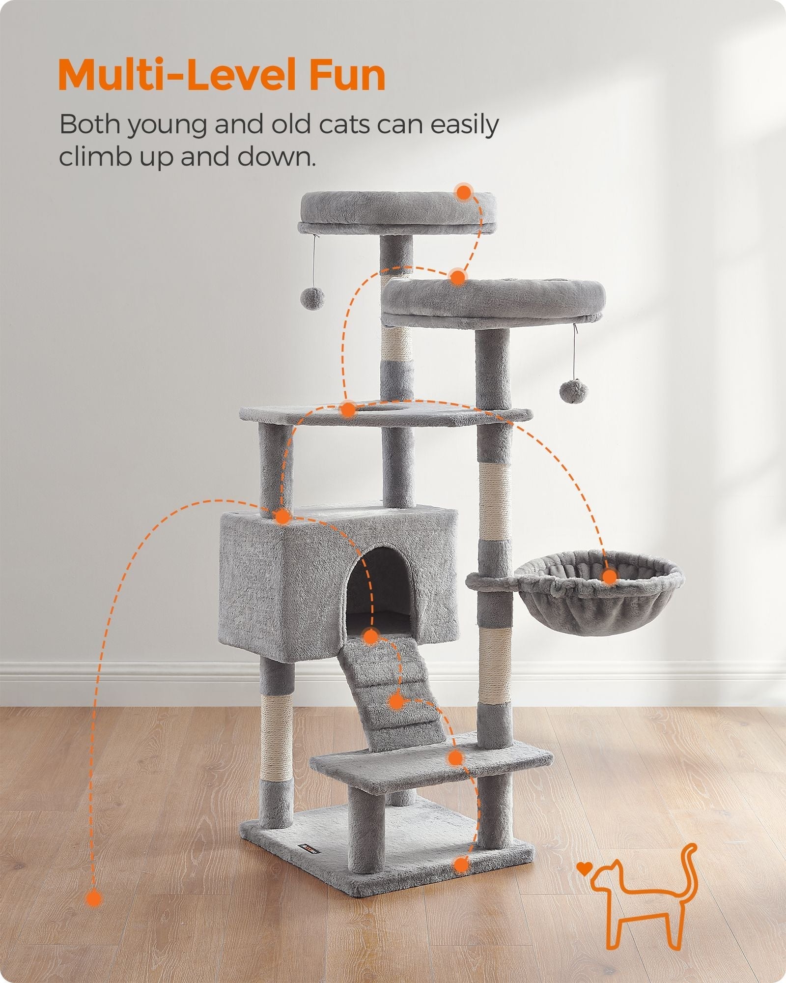 Cat Tower - Particle Board - Light Grey - Includes Hammock and Pompoms