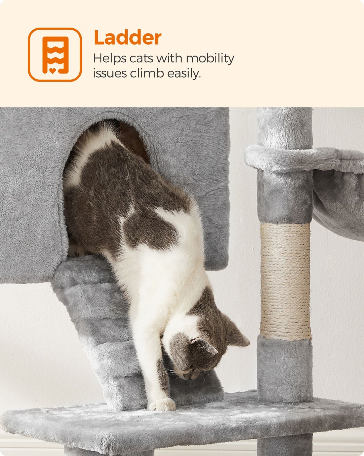 Cat Tower - Particle Board - Light Grey - Includes Hammock and Pompoms