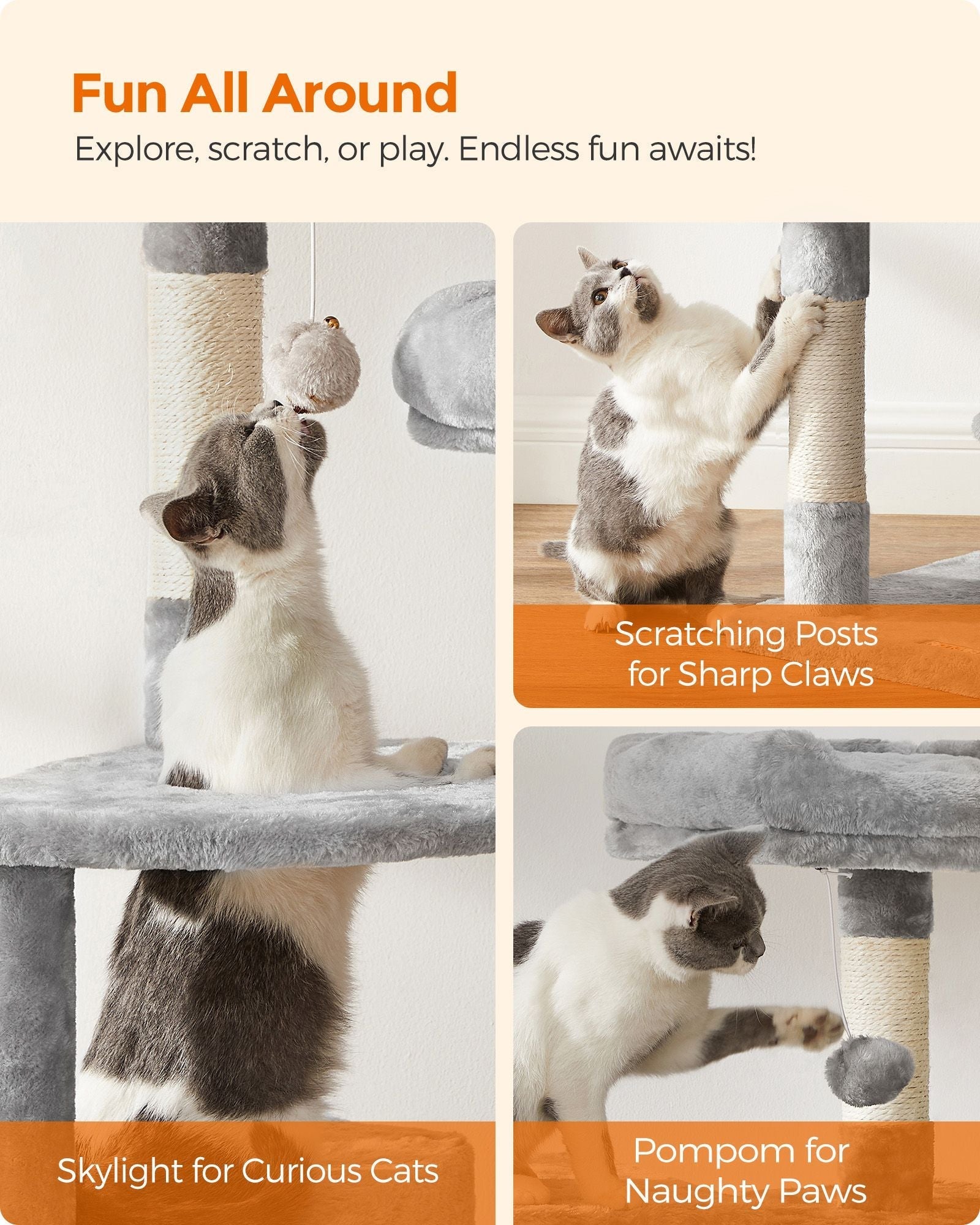 Cat Tower - Particle Board - Light Grey - Includes Hammock and Pompoms