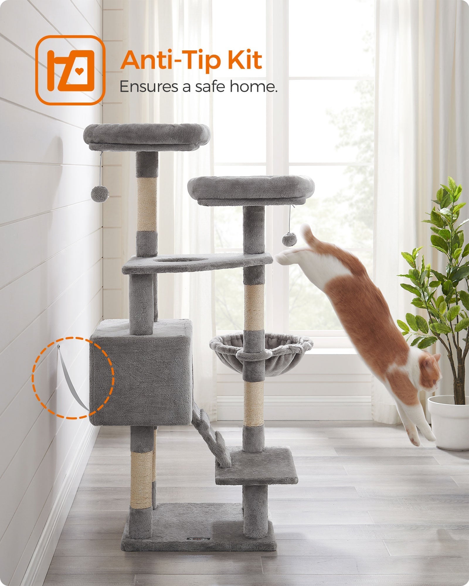 Cat Tower - Particle Board - Light Grey - Includes Hammock and Pompoms