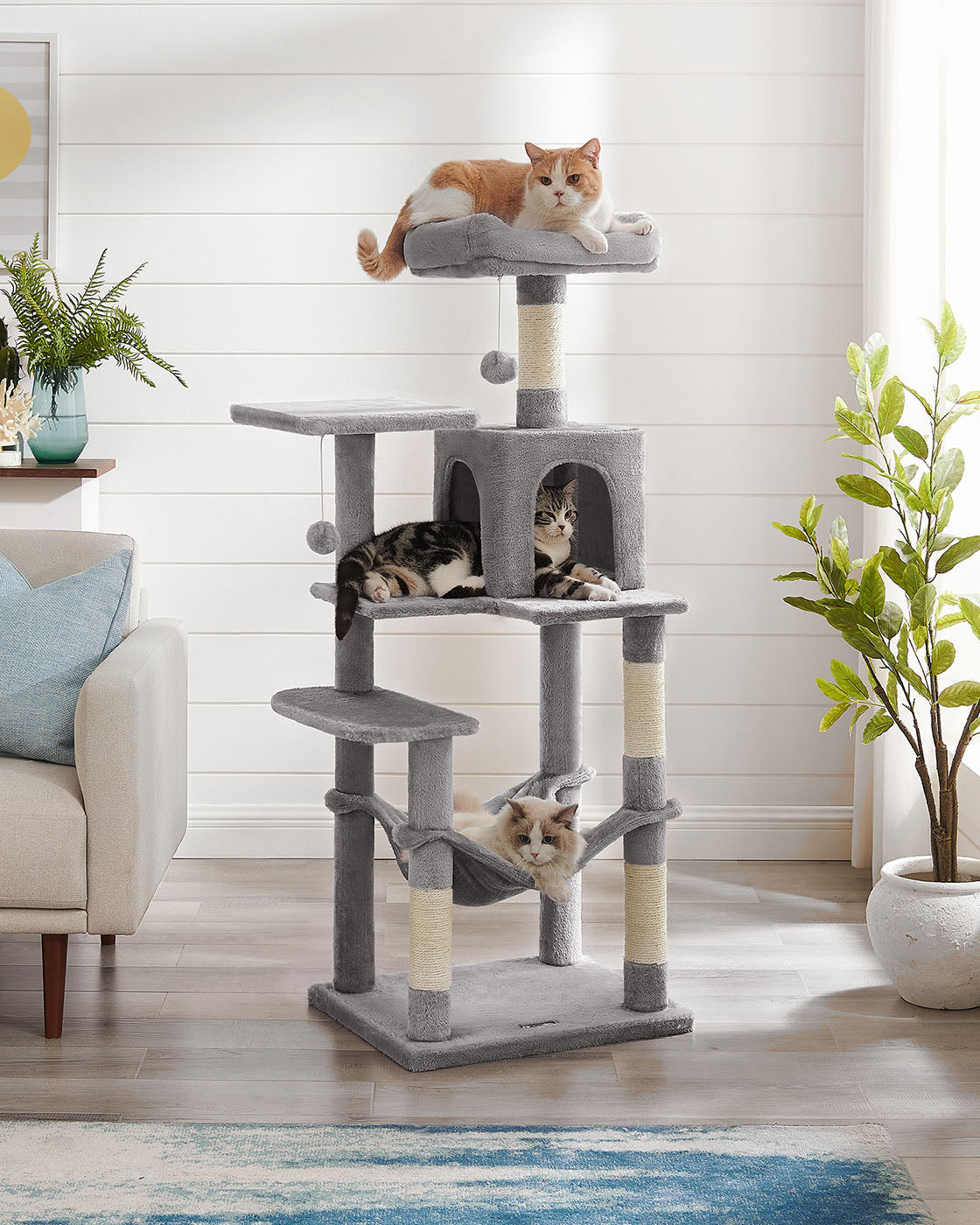 Cat Condo - Wood - Light Grey - Includes Hammock and Pompoms