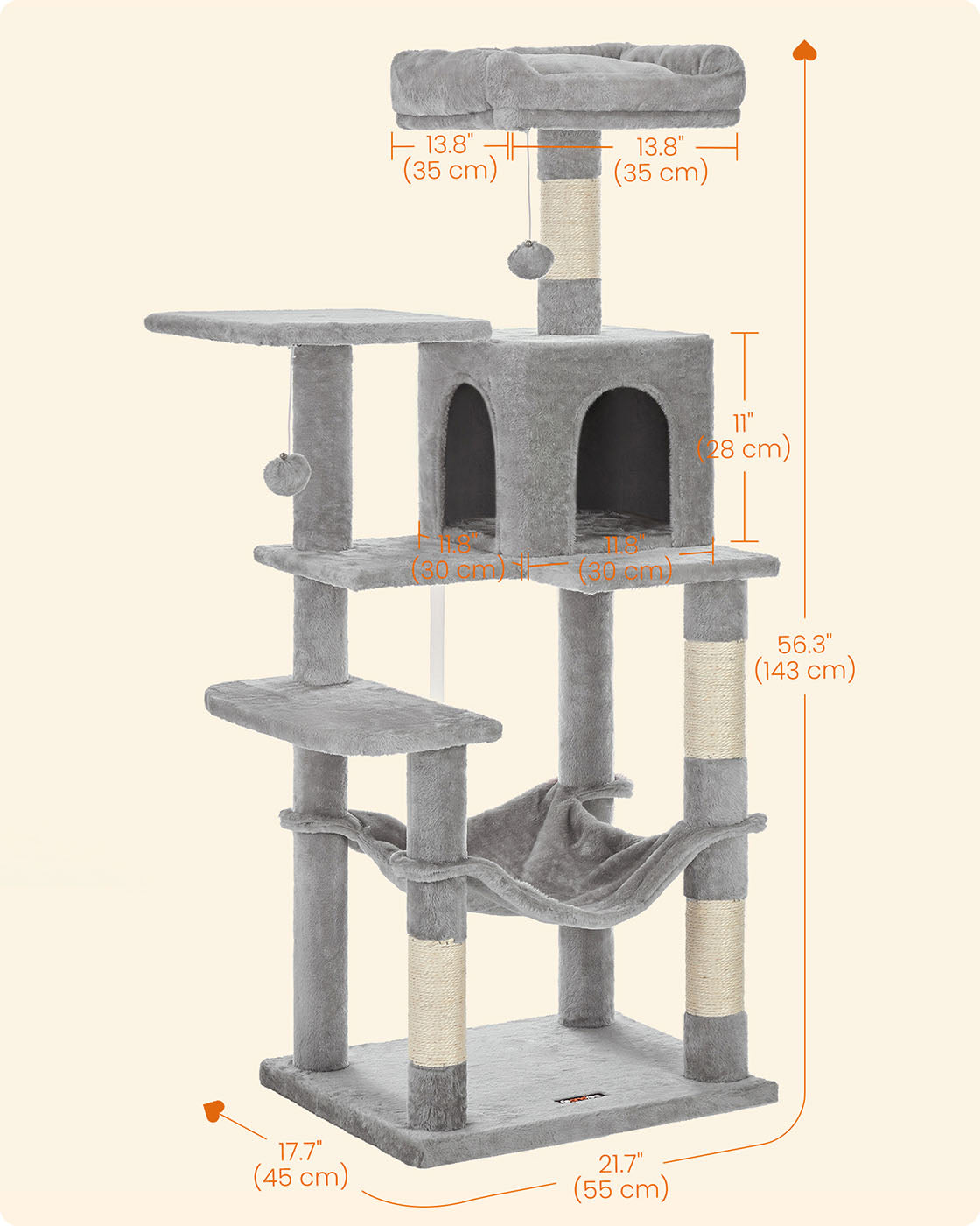 Cat Condo - Wood - Light Grey - Includes Hammock and Pompoms