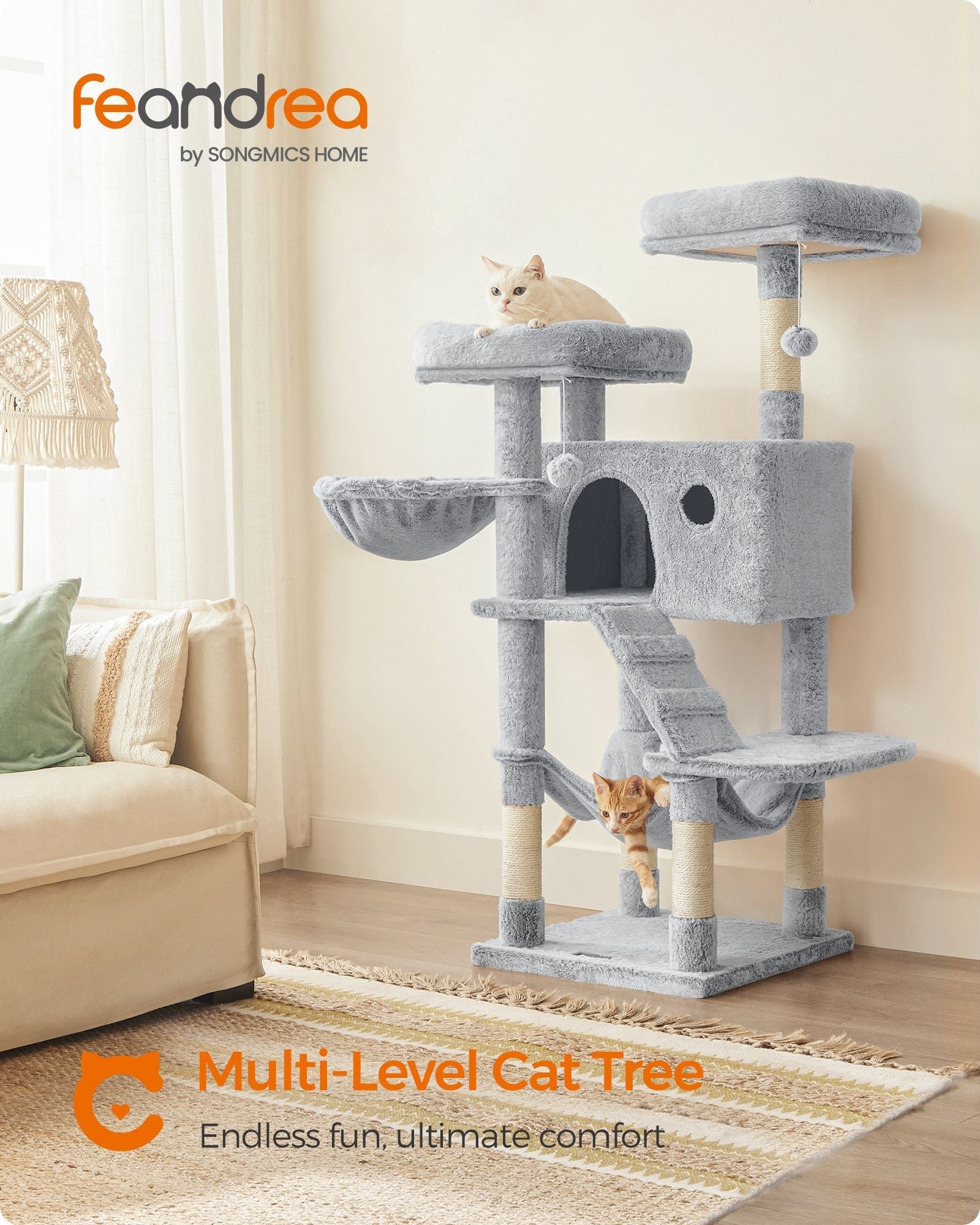 Cat Tower - Ultra-Soft Fabric - White-Grey Ombré - Designed for Large Cats