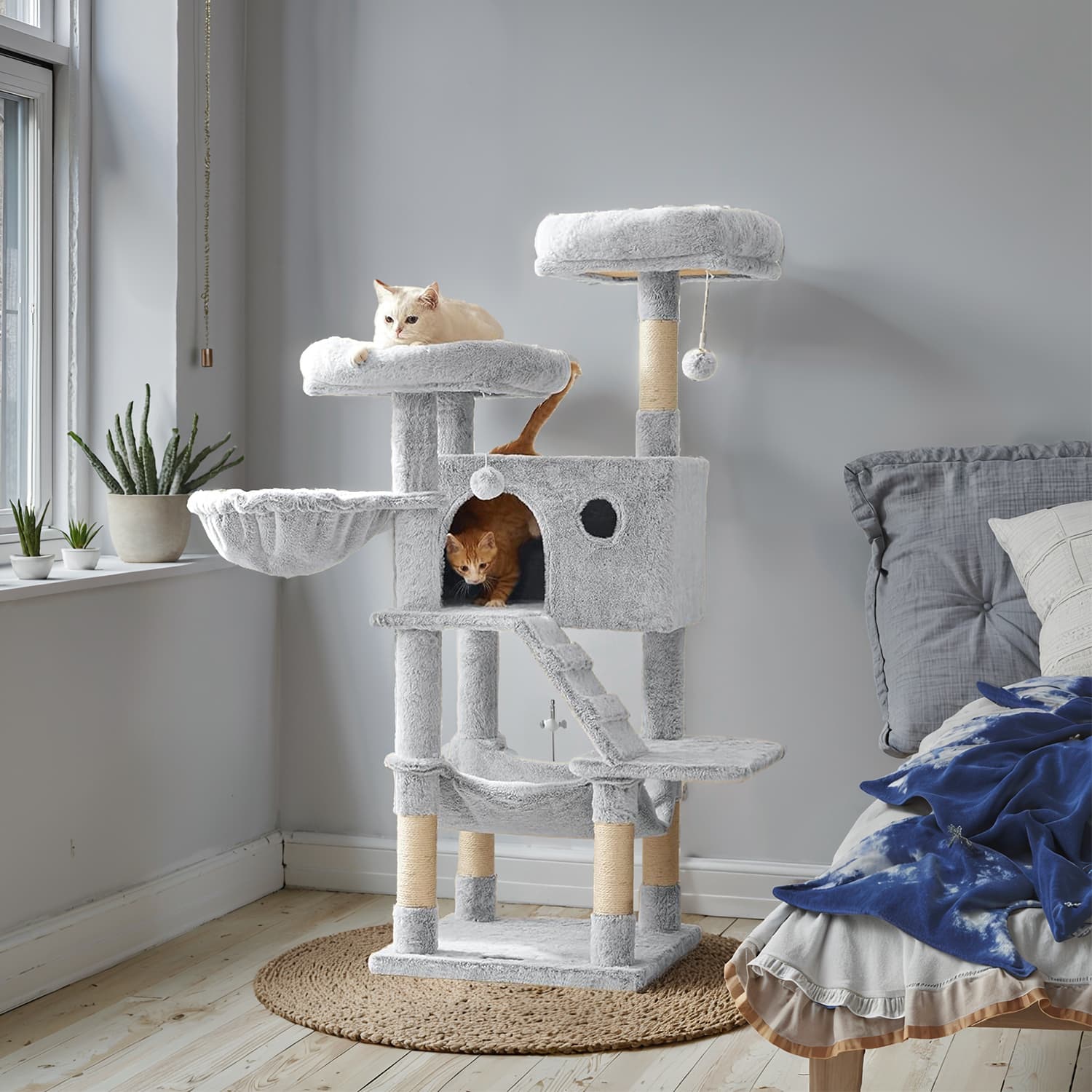 Cat Tree - Ultra-Soft Fabric - White-Grey Ombré - Designed for Large Cats